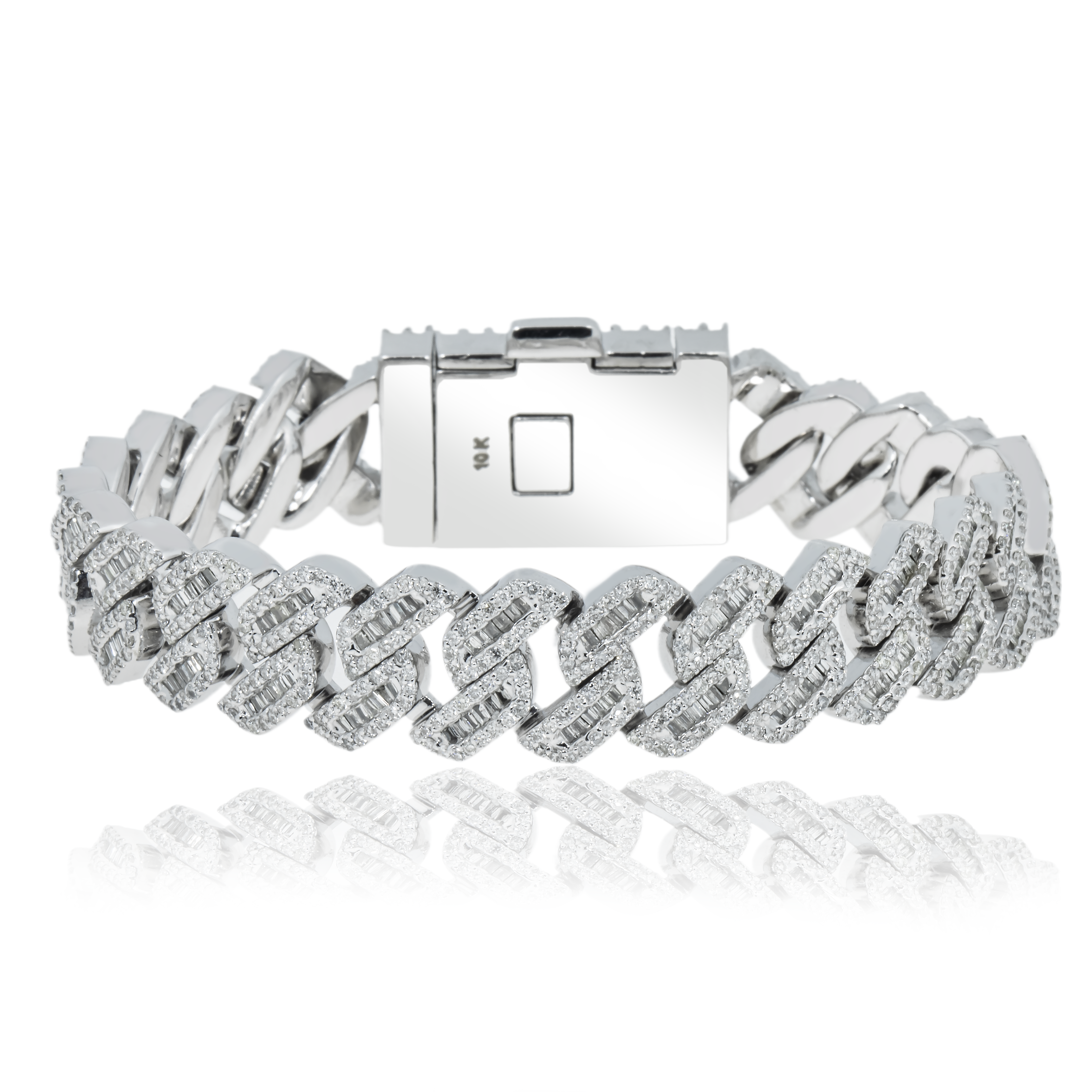14K White Gold 13mm Baguette Diamond Cuban Link Bracelet 9.62ct