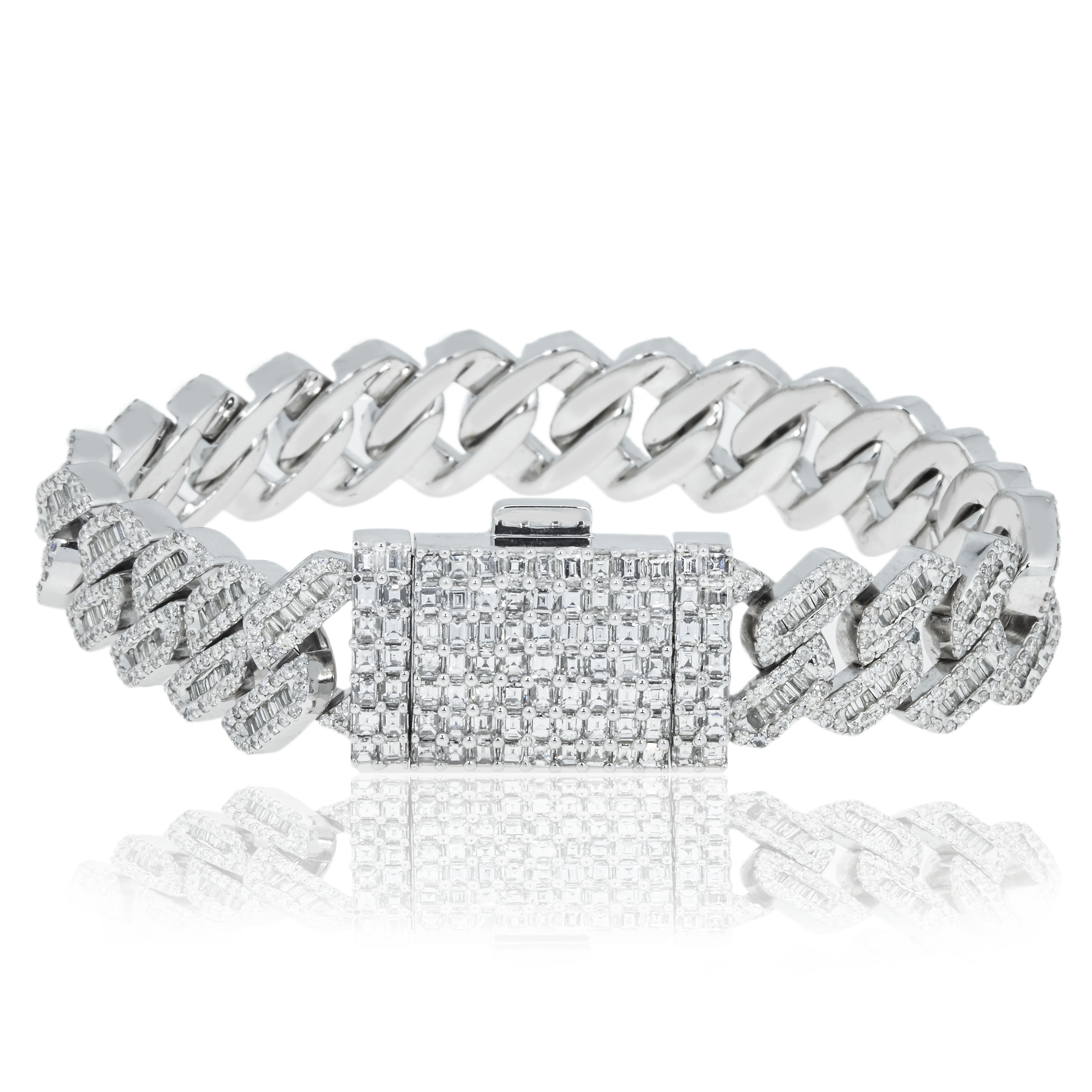 14K White Gold 13Mm Baguette Diamond Cuban Link Bracelet 9.62Ct Bracelets