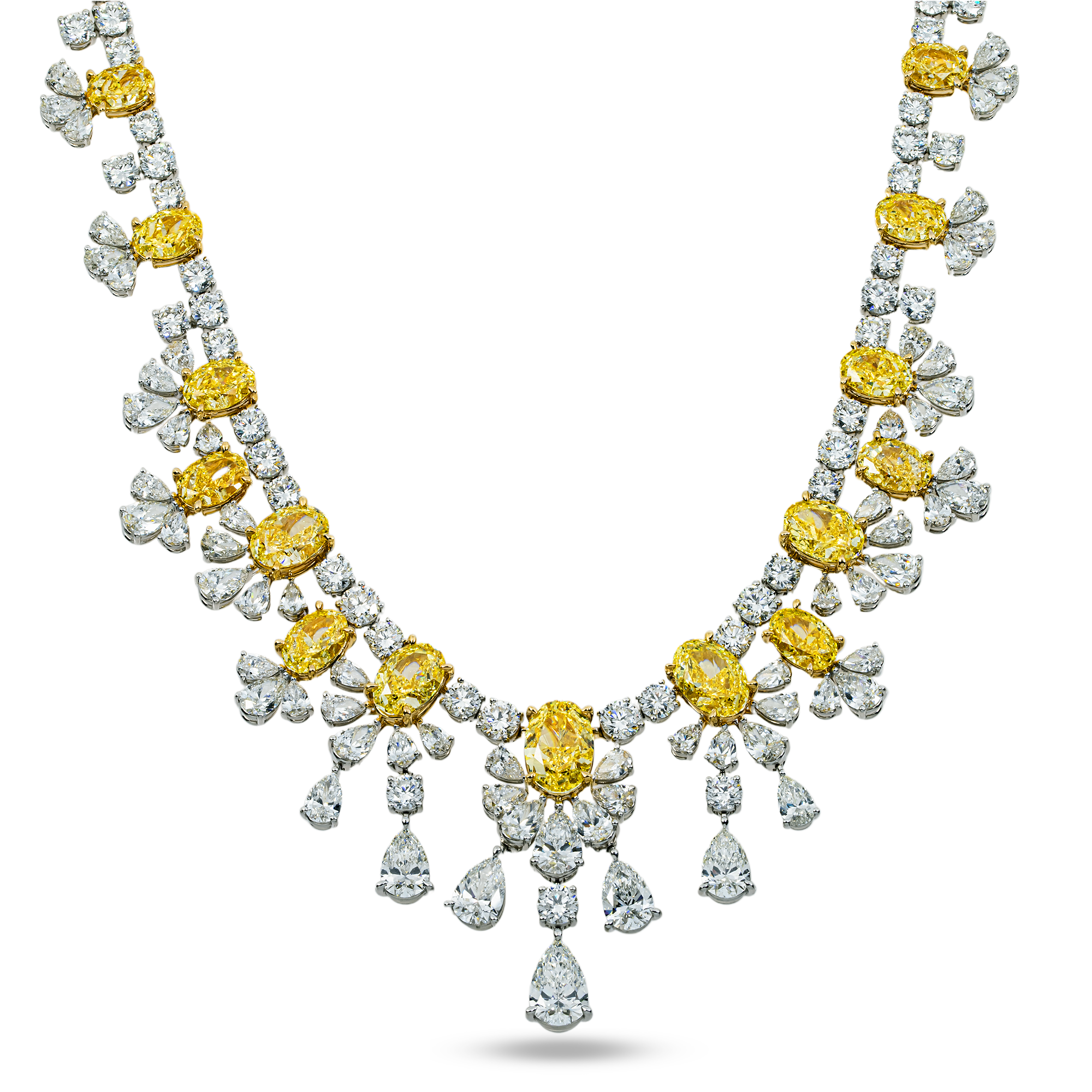 14K White Gold Oval Fancy Yellow & White Diamond Necklace 108.01ctw