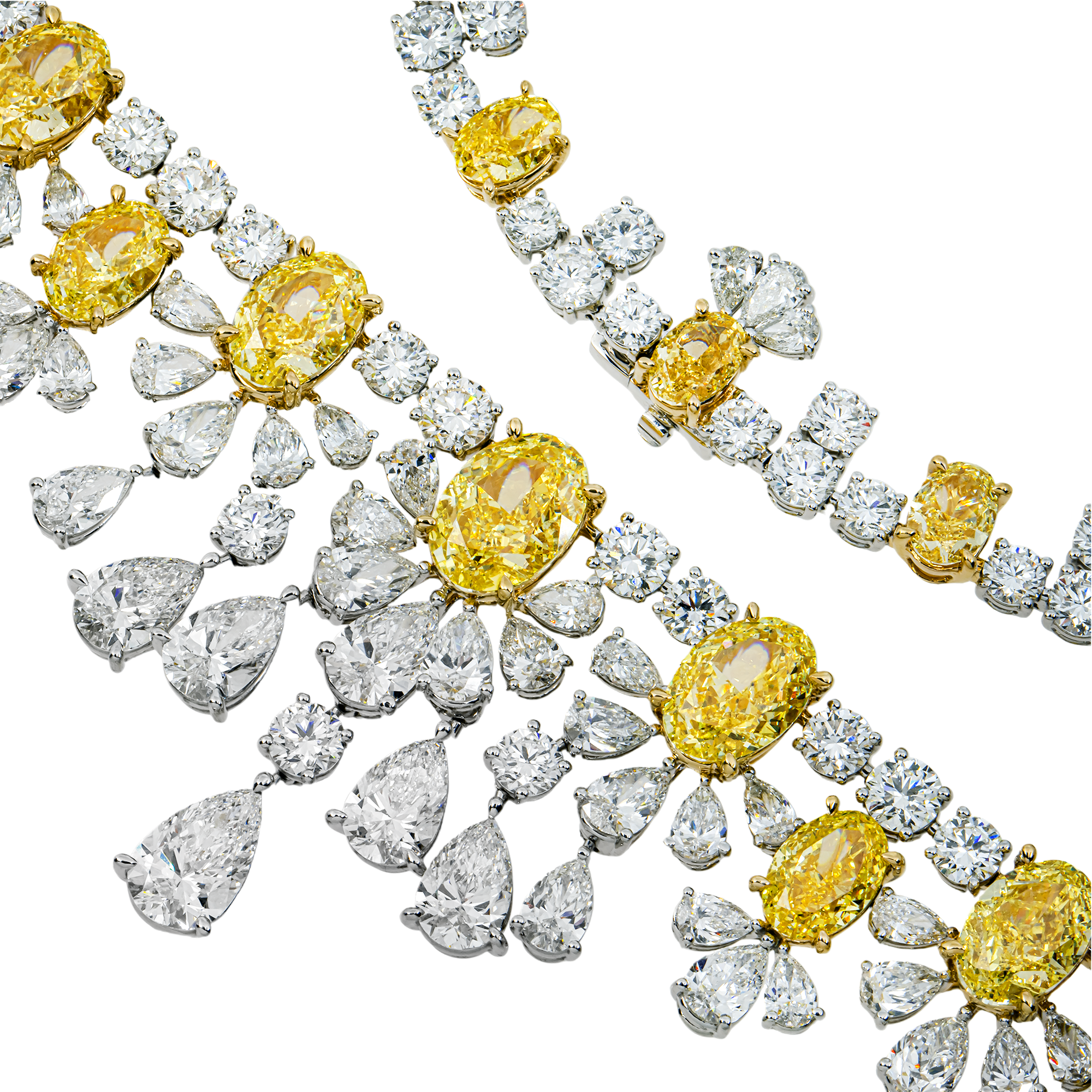14K White Gold Oval Fancy Yellow & White Diamond Necklace 108.01ctw
