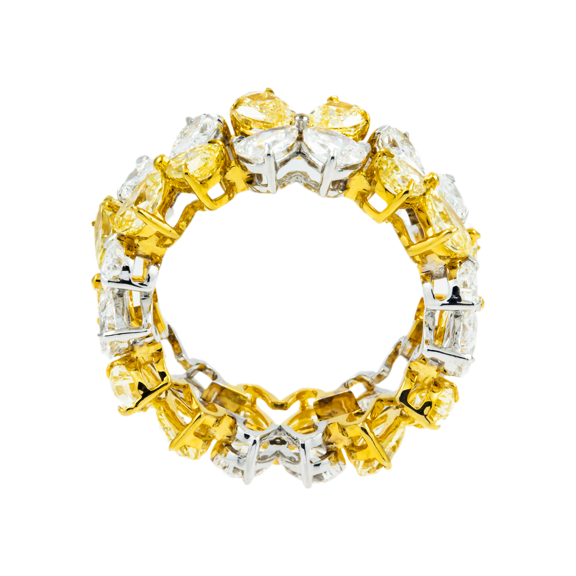 14K Two Tone Fancy Yellow & White Diamond Flower Eternity Ring 6.38ctw