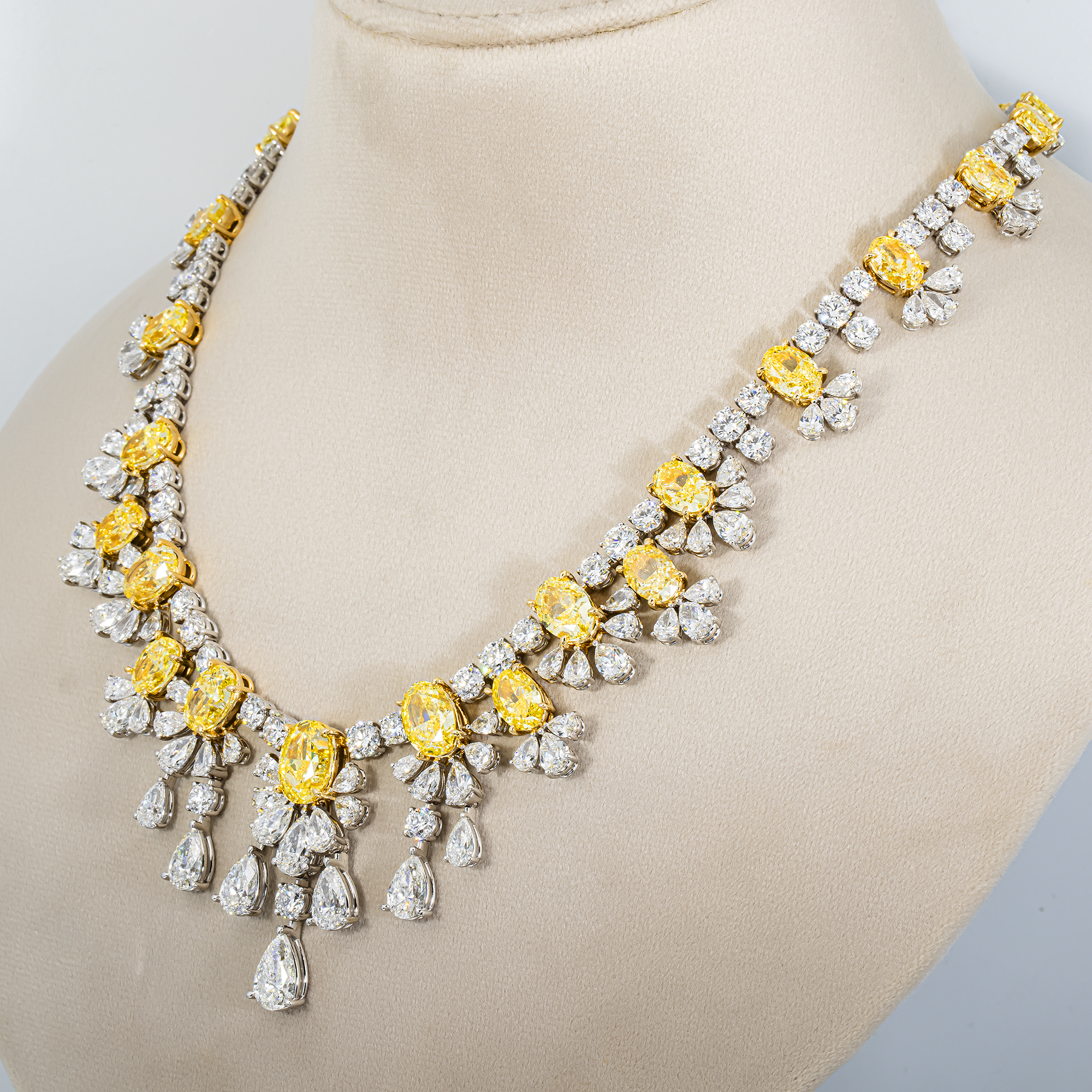 14K White Gold Oval Fancy Yellow & White Diamond Necklace 108.01ctw