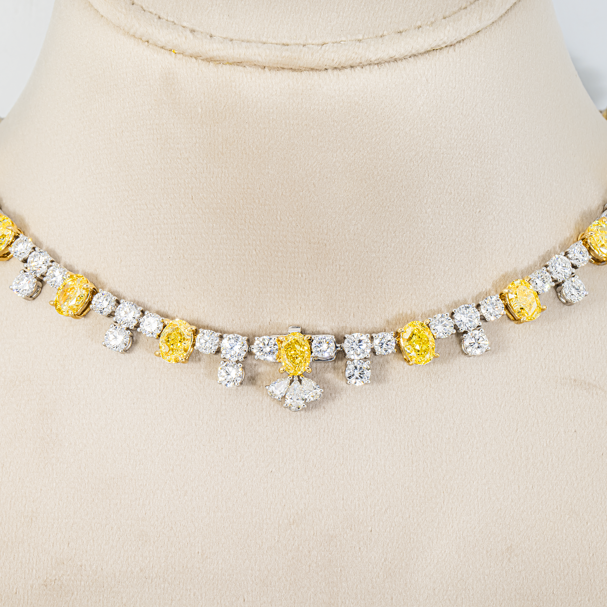 14K White Gold Oval Fancy Yellow & White Diamond Necklace 108.01ctw