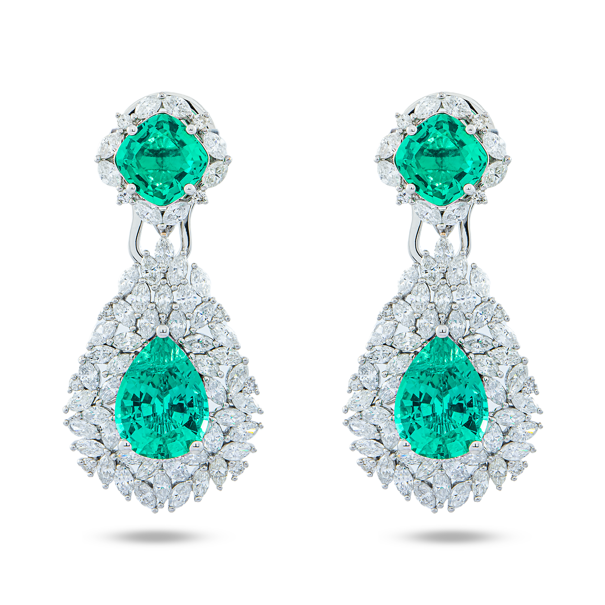 14K White Gold Emerald & Diamond Multi Shape Drop Earrings 11.06ctw