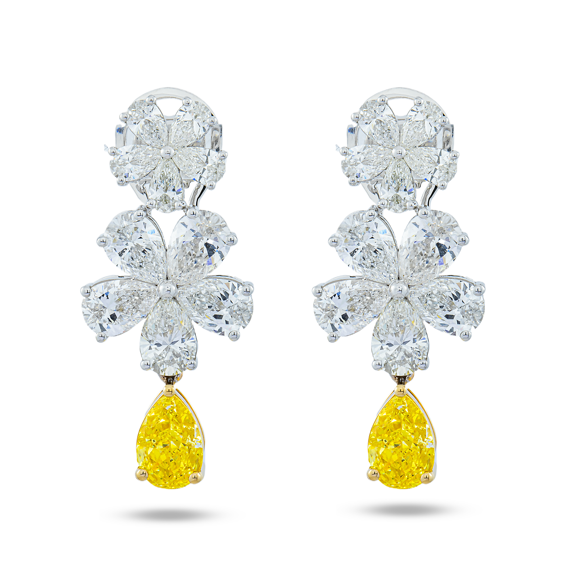 14K White Gold Pear Fancy Yellow & White Diamond Flower Drop Earrings 14.45ctw