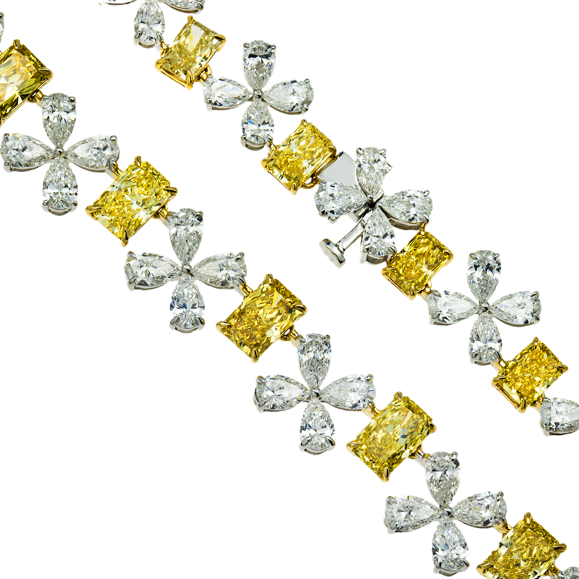 14K Two Tone Fancy Yellow & White Diamond Flower Necklace 45.68ct