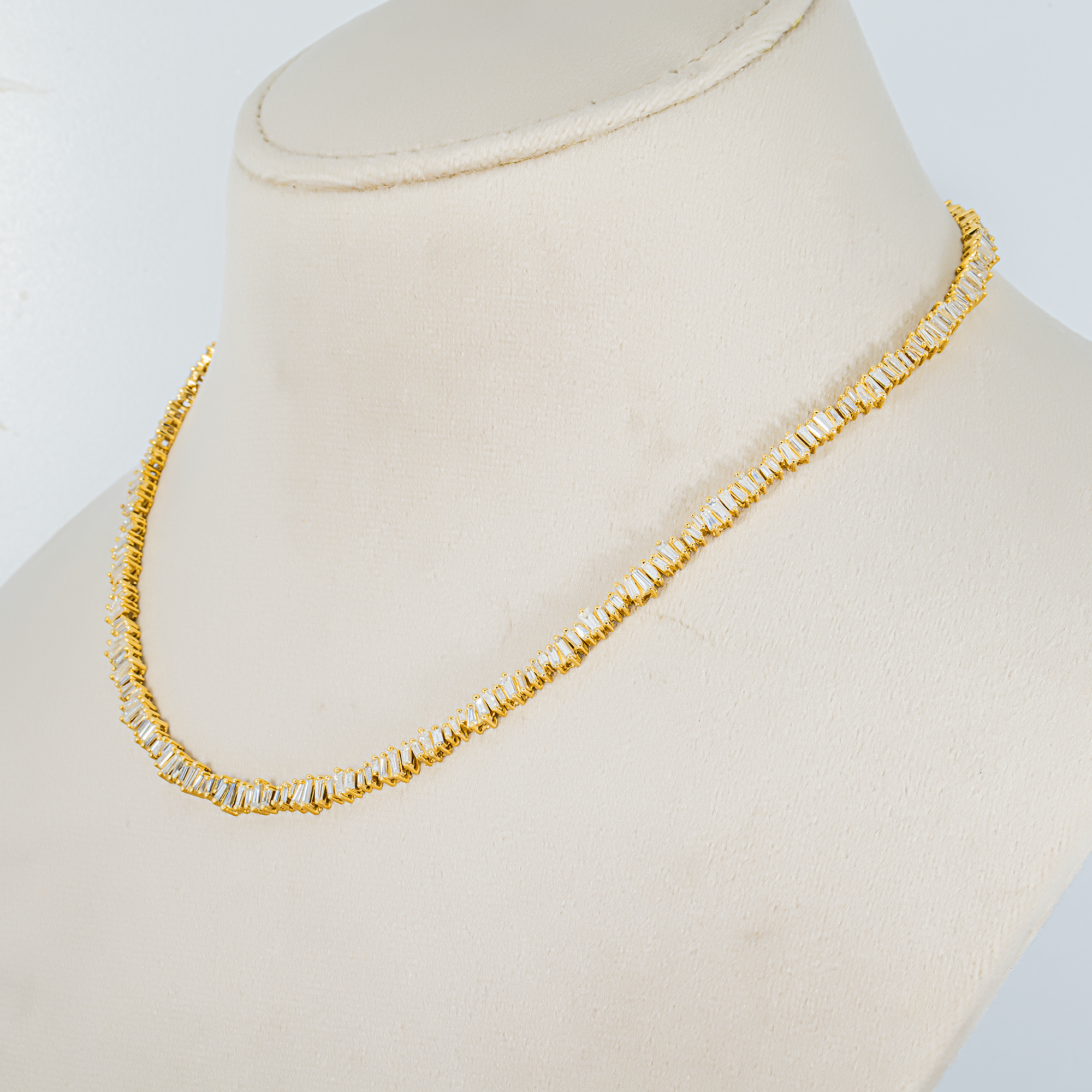14K Yellow Gold Baguette Diamond Tennis Necklace 7.02ct