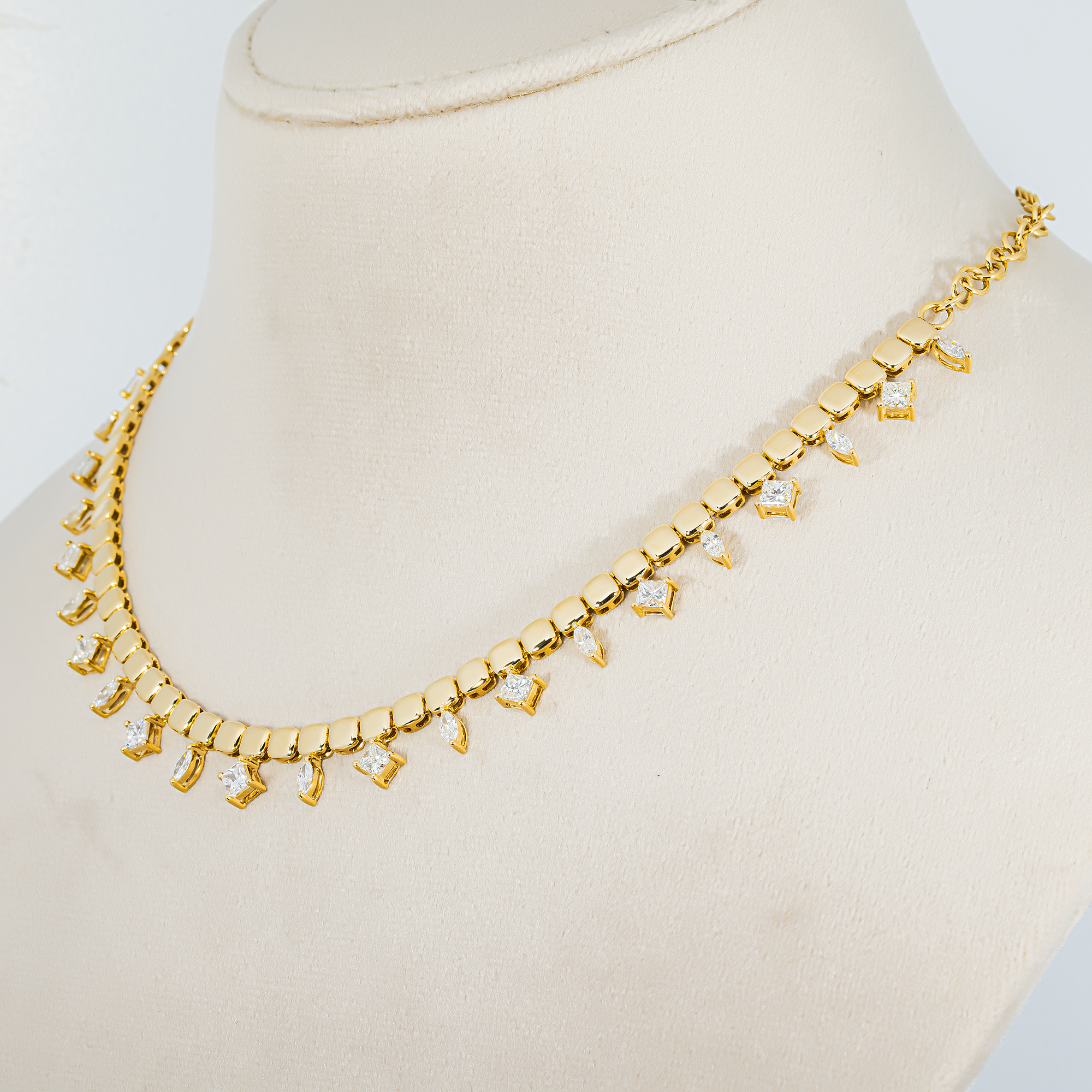 14K Yellow Gold Multi Shape Princess Diamond Necklace 4.38ct
