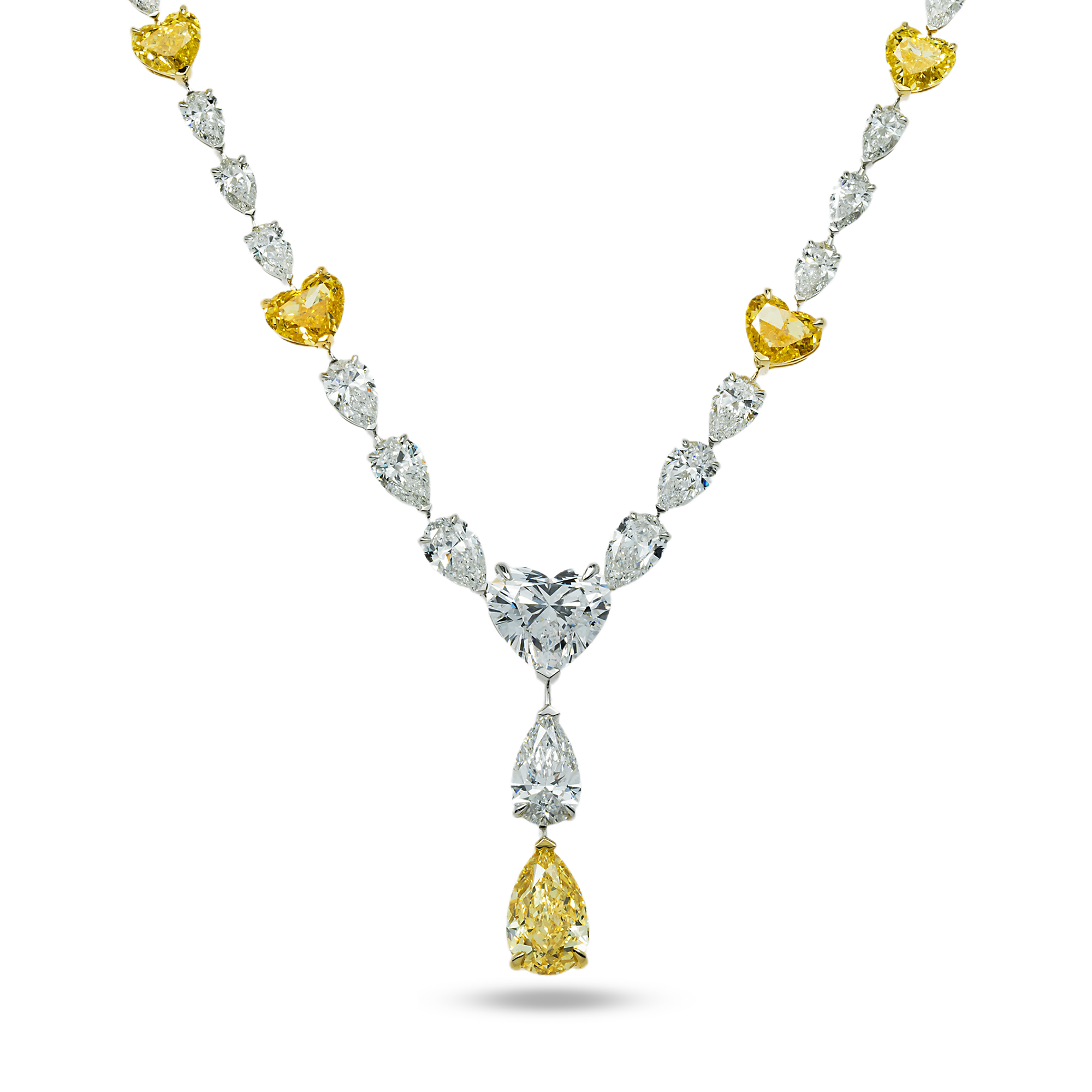 IGI 14K Two Tone Fancy Intense Yellow & White Diamond Drop Necklace 33.73ct