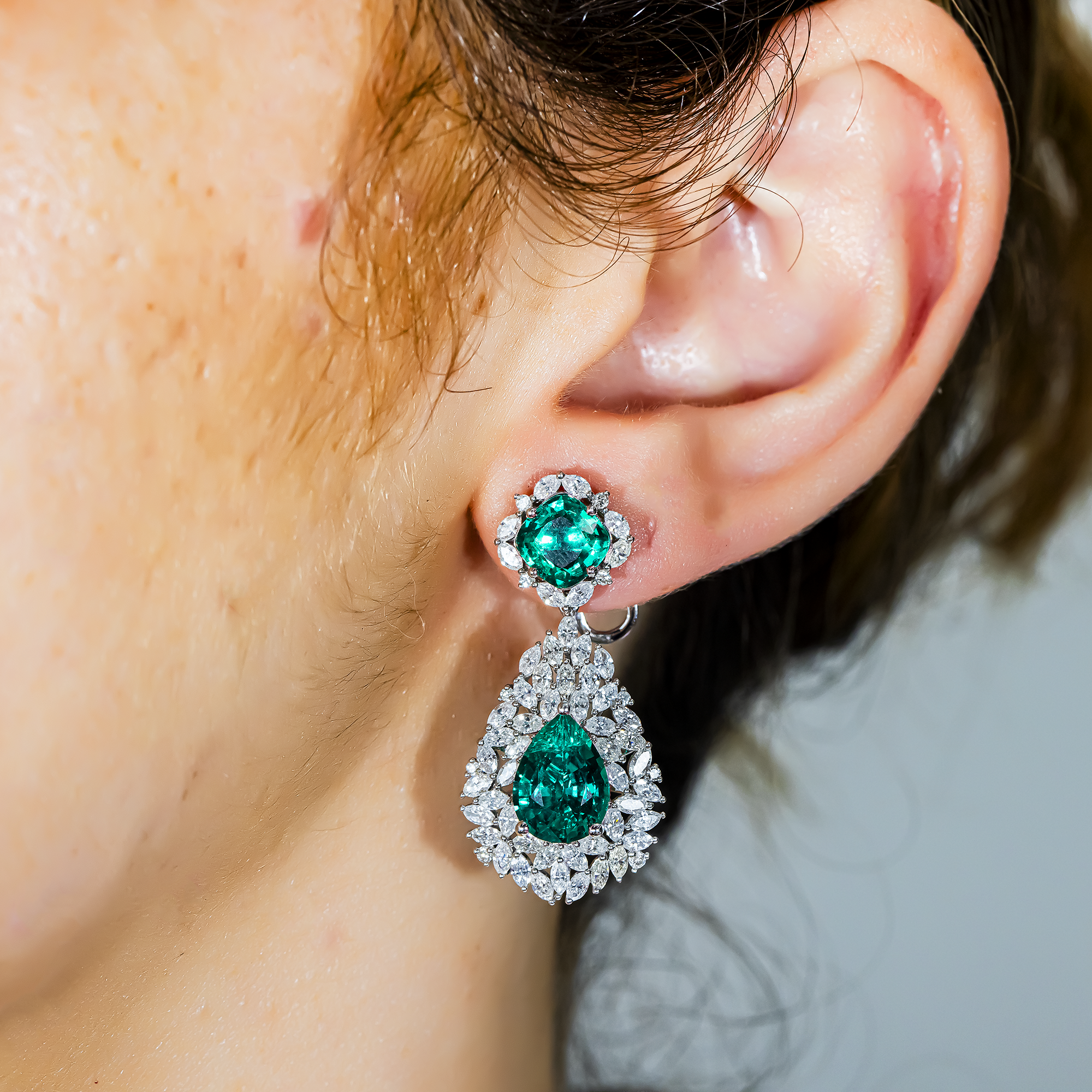 14K White Gold Emerald & Diamond Multi Shape Drop Earrings 11.06ctw