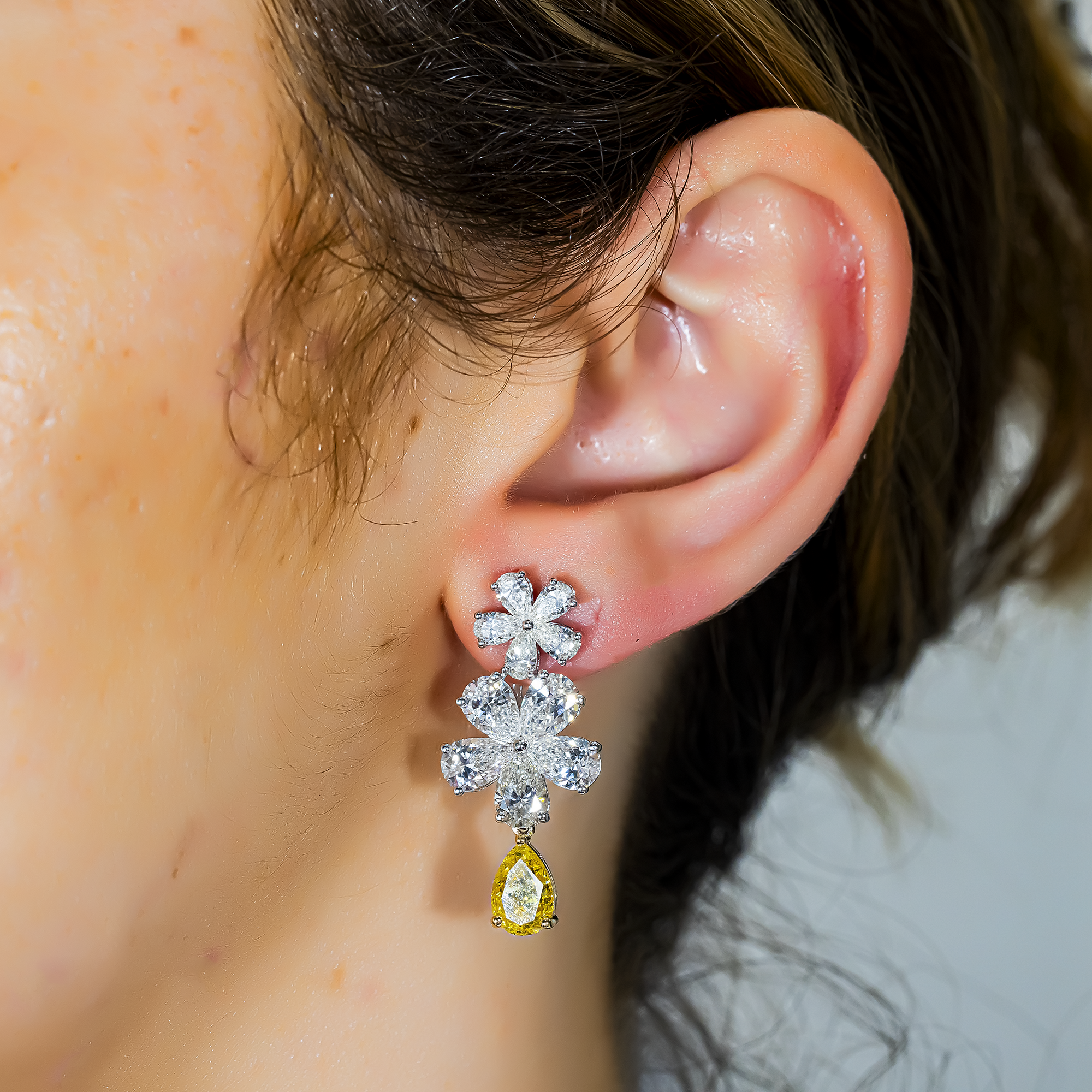 14K White Gold Pear Fancy Yellow & White Diamond Flower Drop Earrings 14.45ctw
