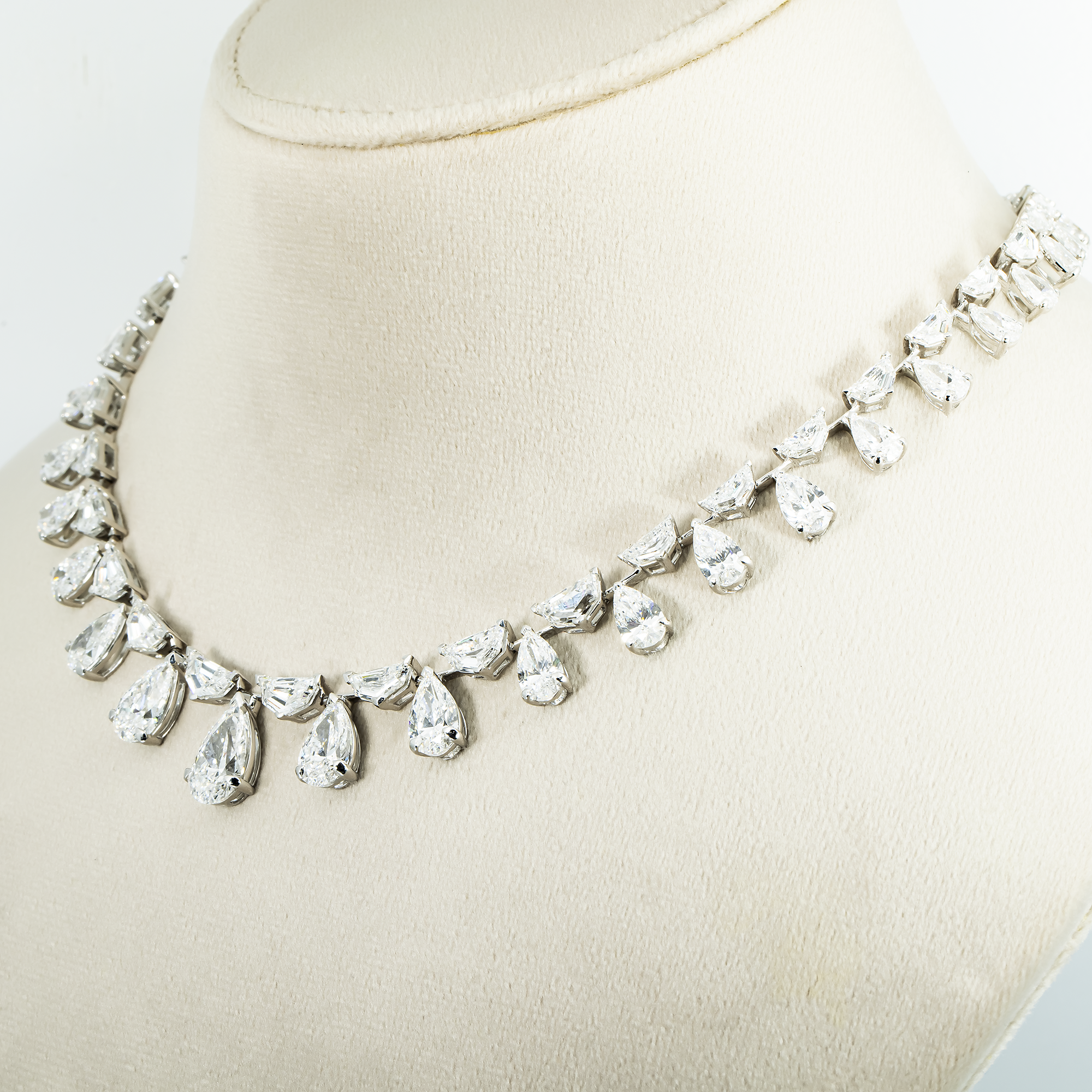 14K White Gold Cadilac & Pear Cut Diamond Necklace 48.45ct