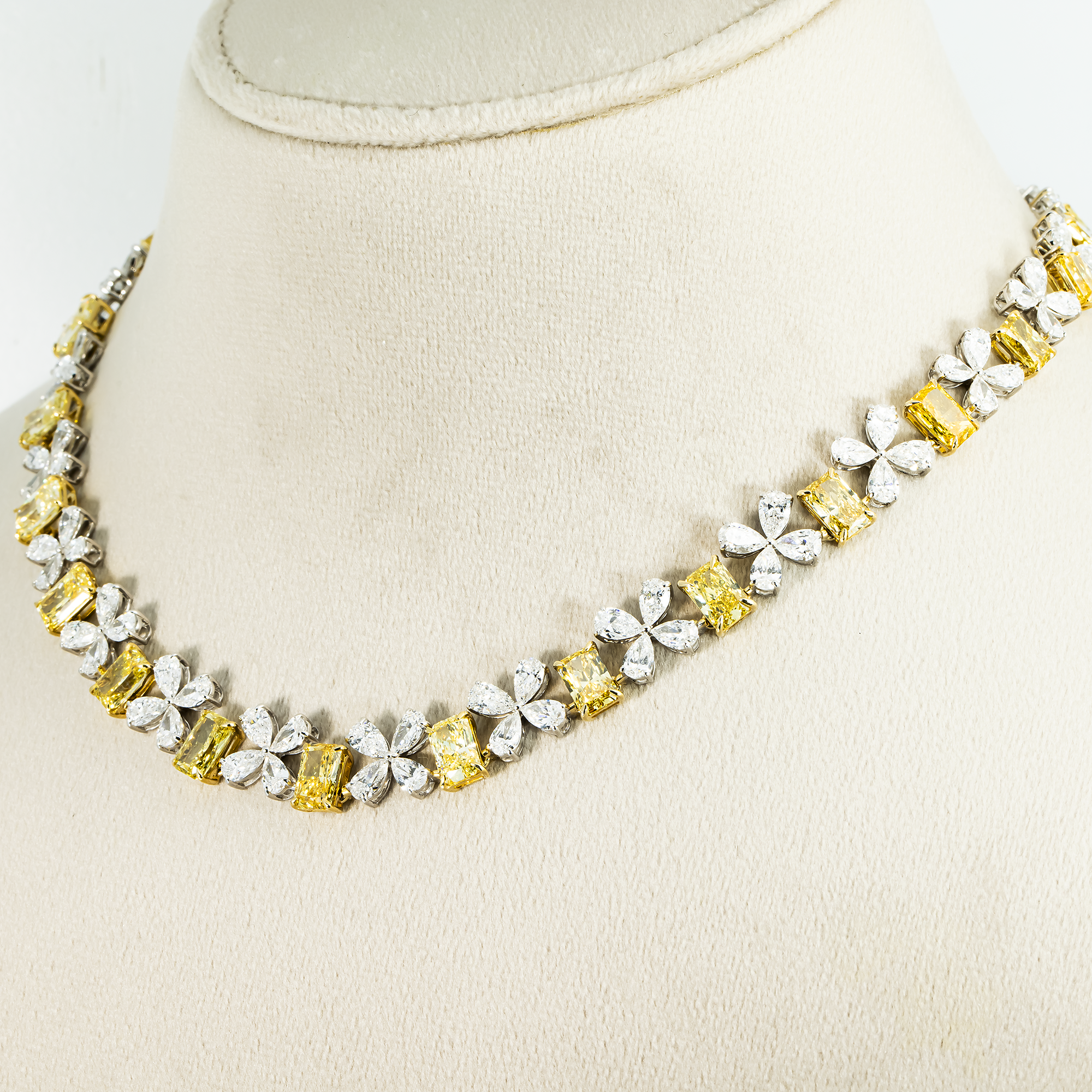 14K Two Tone Fancy Yellow & White Diamond Flower Necklace 45.68ct