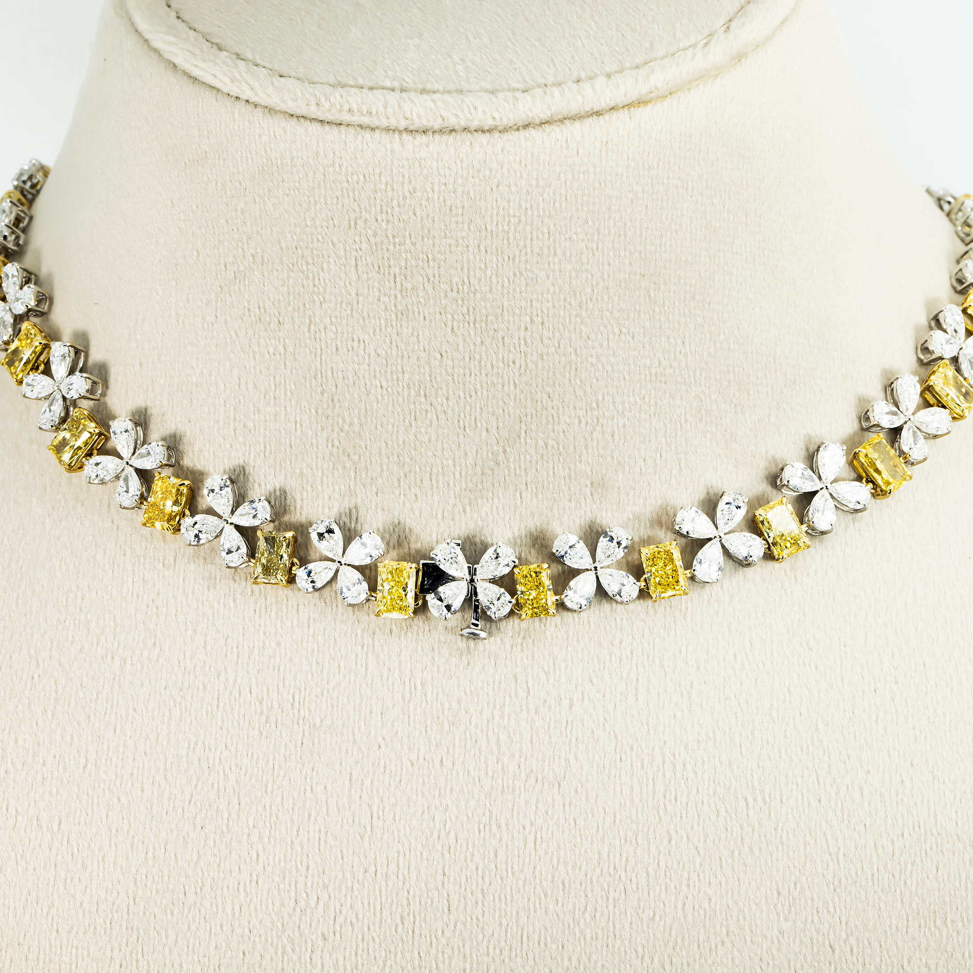 14K Two Tone Fancy Yellow & White Diamond Flower Necklace 45.68ct