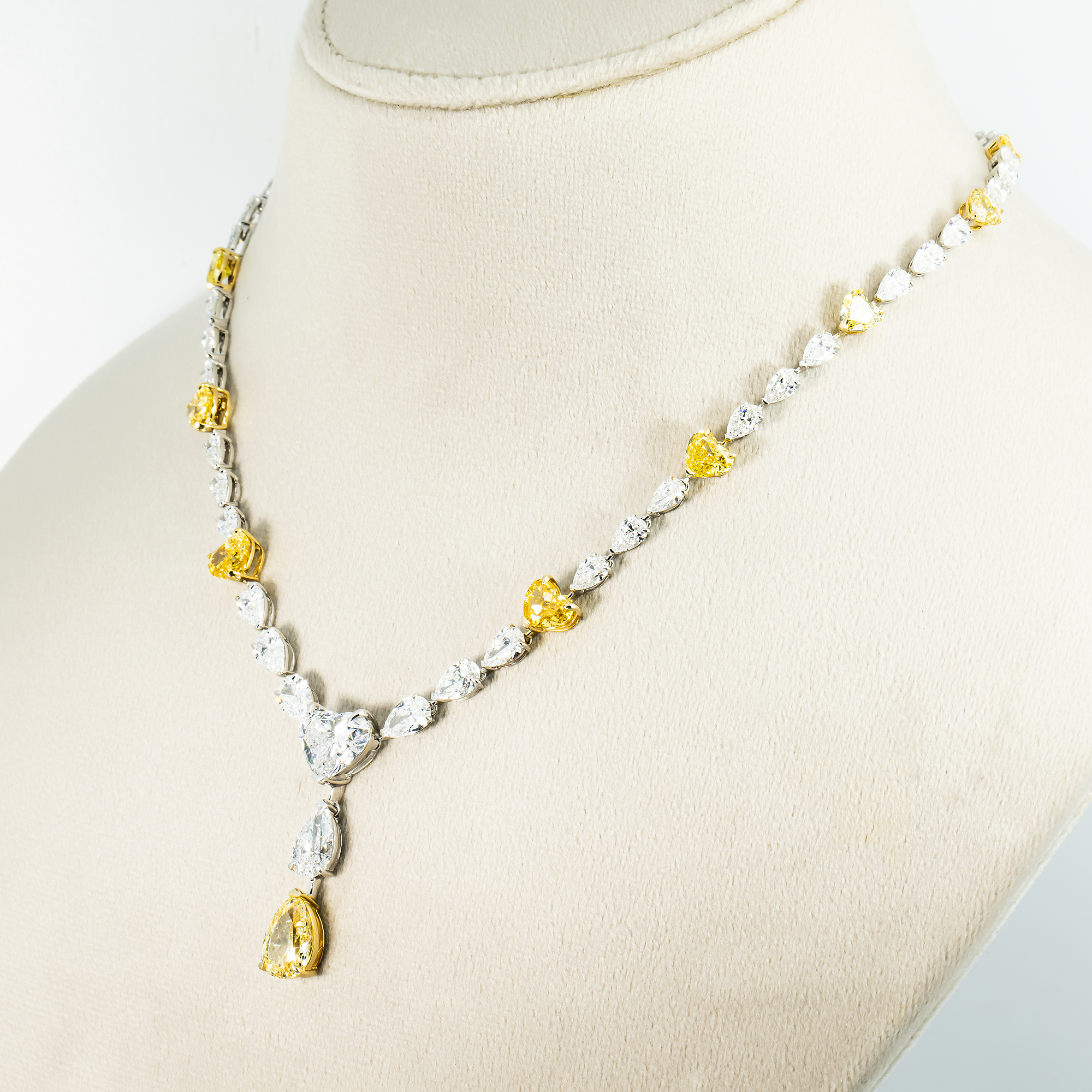 IGI 14K Two Tone Fancy Intense Yellow & White Diamond Drop Necklace 33.73ct
