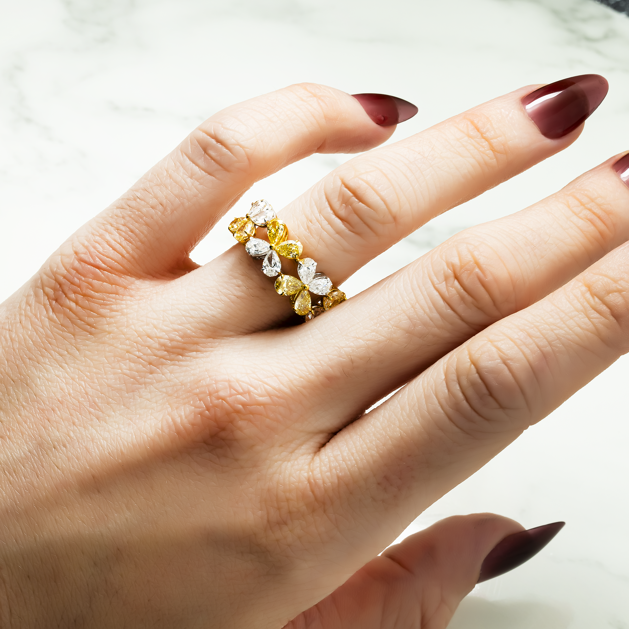 14K Two Tone Fancy Yellow & White Diamond Flower Eternity Ring 6.38ctw