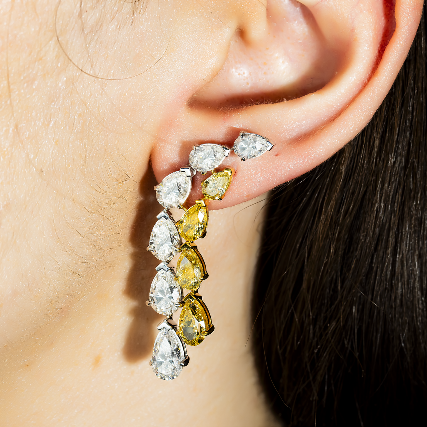 IGI 14K Two Tone Pear Cut Fancy Yellow & White Diamond Drop Earrings 14.32ctw