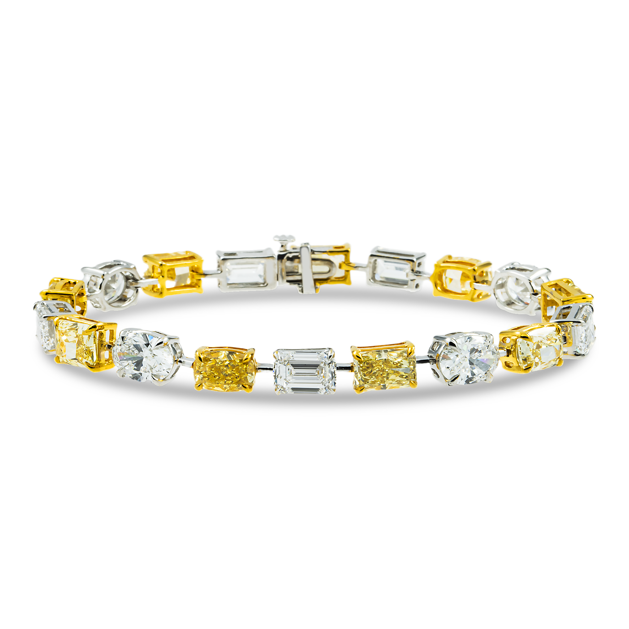 IGI 14K Two Tone Oval Emerald & Radiant Fancy Yellow & White Diamond Bracelet 18.83ct