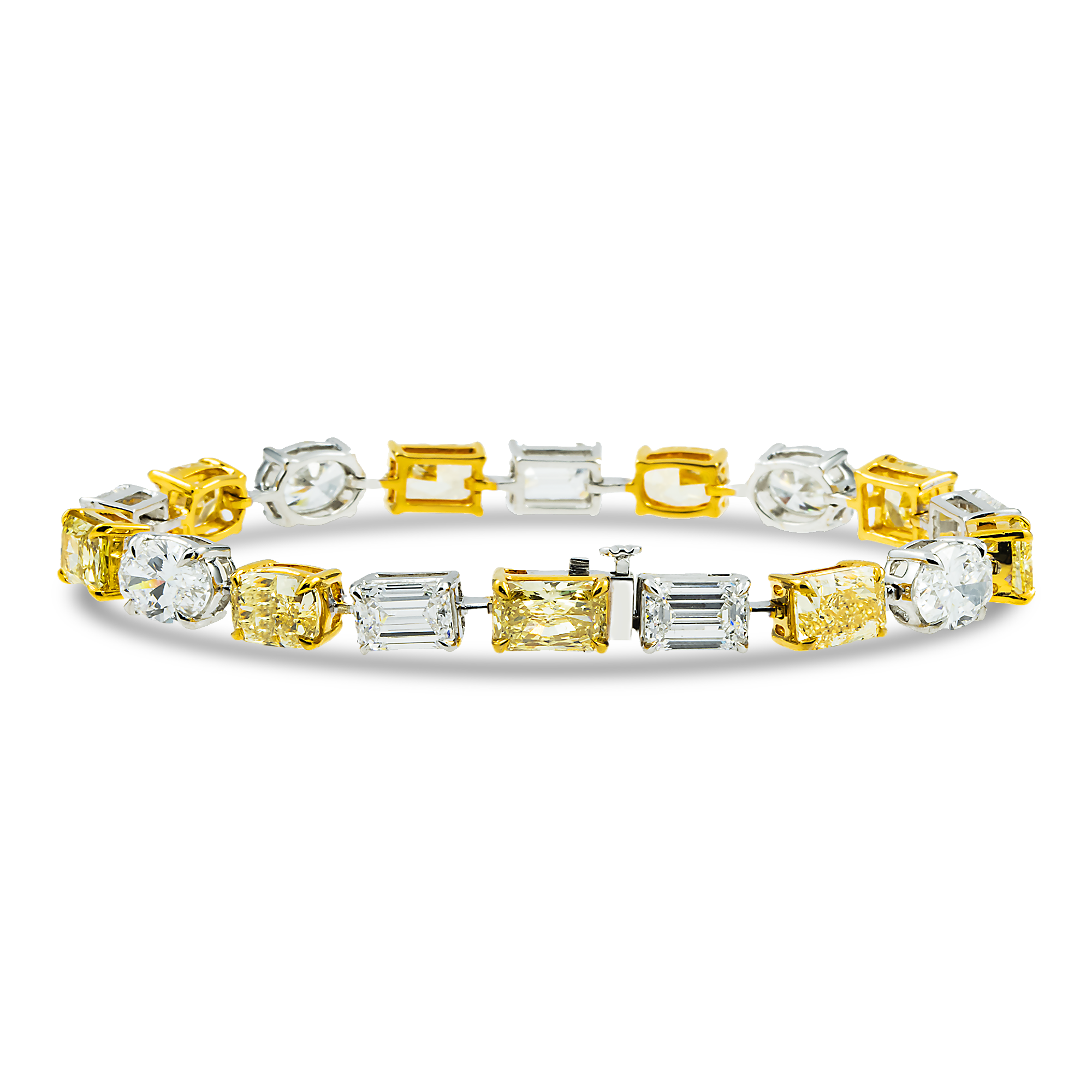 IGI 14K Two Tone Oval Emerald & Radiant Fancy Yellow & White Diamond Bracelet 18.83ct