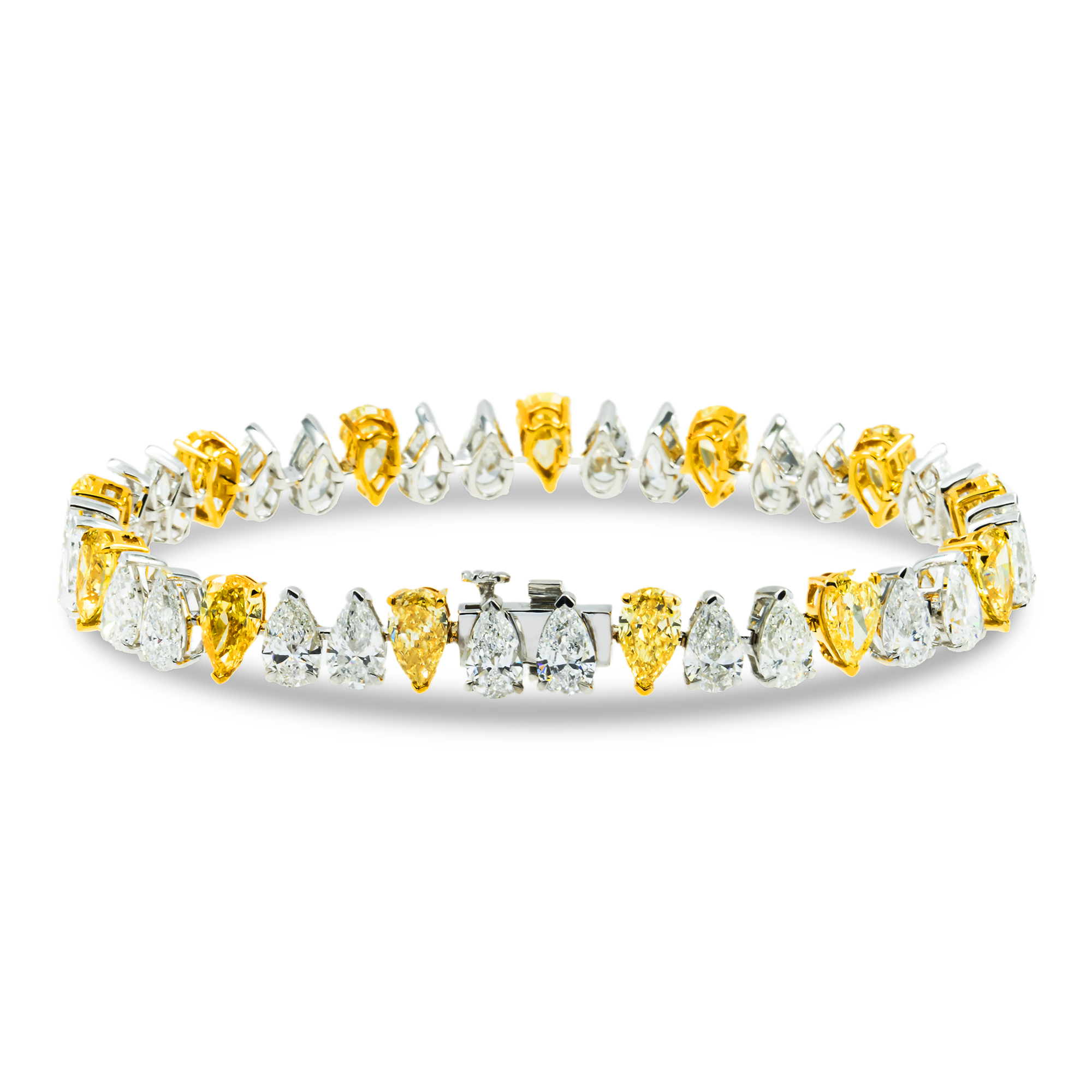 14K Two Tone Pear Cut Fancy Yellow & White Diamond Bracelet 19.75ct