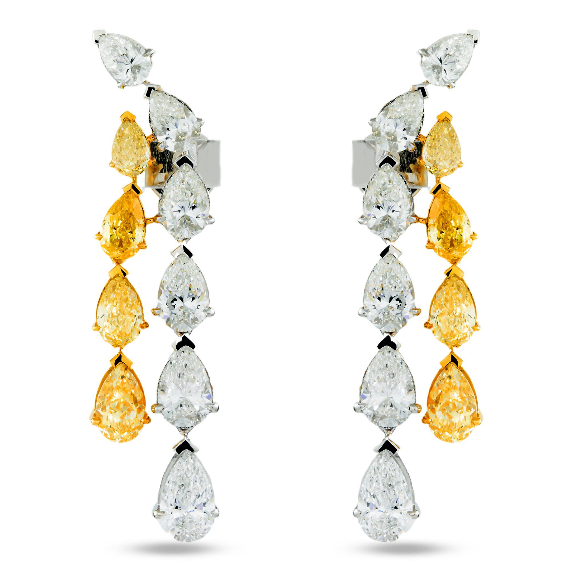 IGI 14K Two Tone Pear Cut Fancy Yellow & White Diamond Drop Earrings 14.32ctw