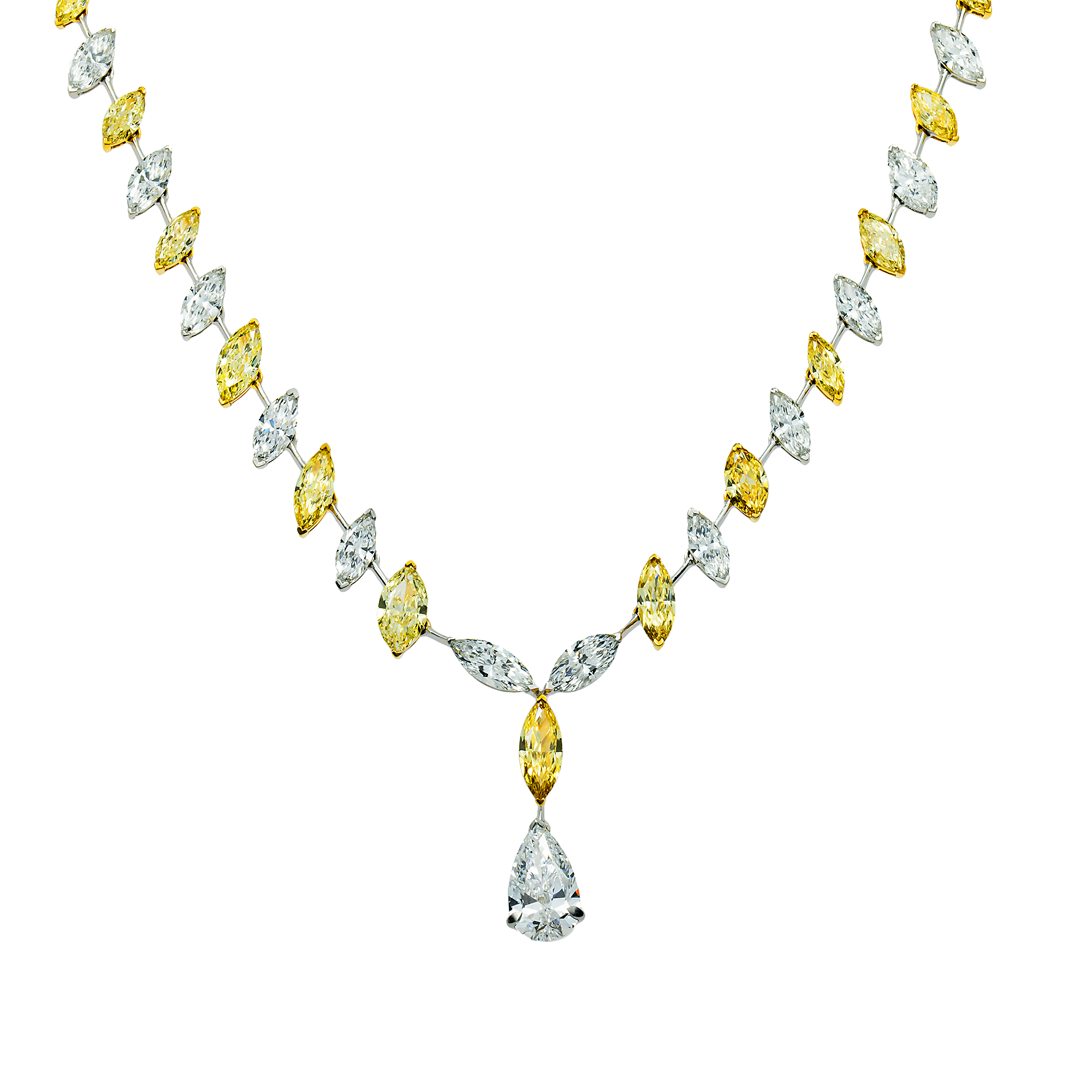 14K Two Tone Multi Cut Fancy Yellow & White Diamond Drop Necklace 27.82ct