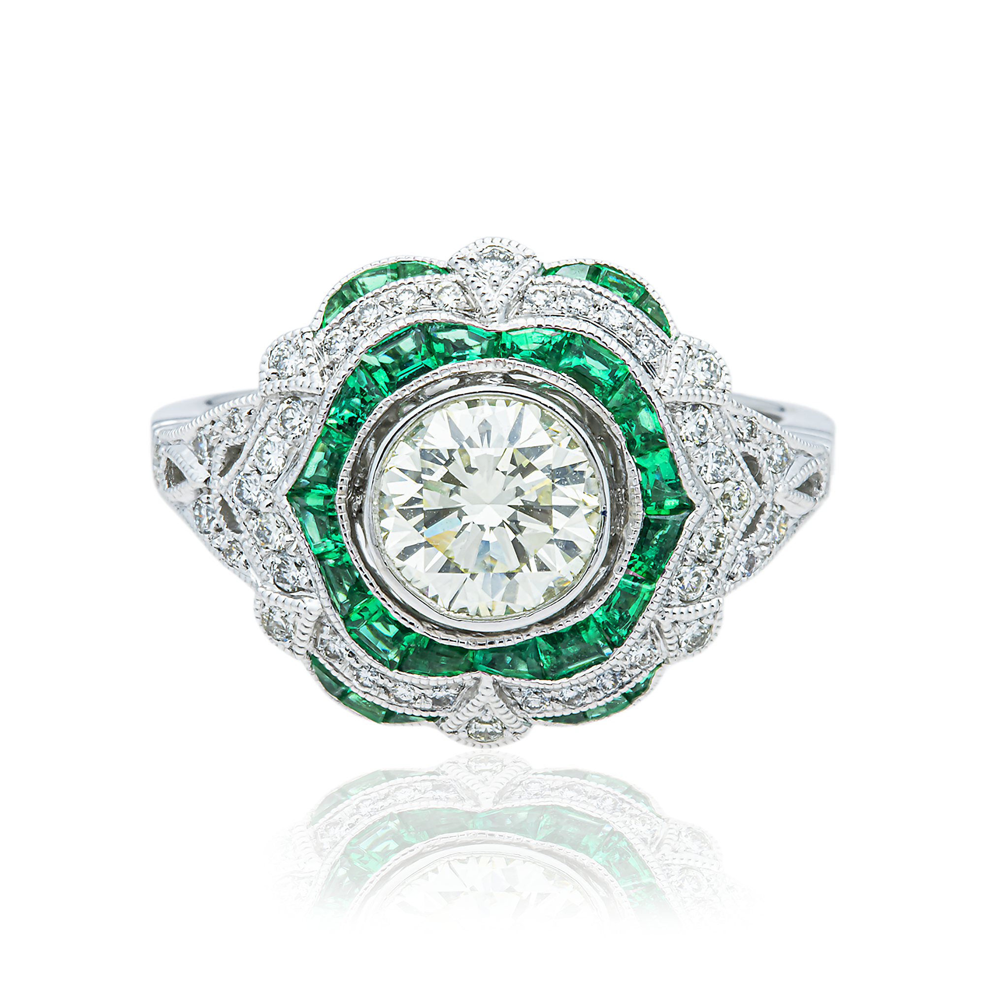 Platinum 1.03ct Round Diamond & Emerald Ring 1.91ctw
