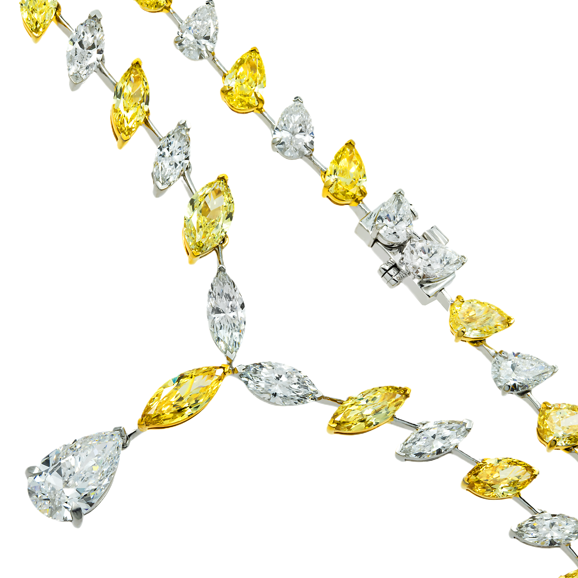 14K Two Tone Multi Cut Fancy Yellow & White Diamond Drop Necklace 27.82ct