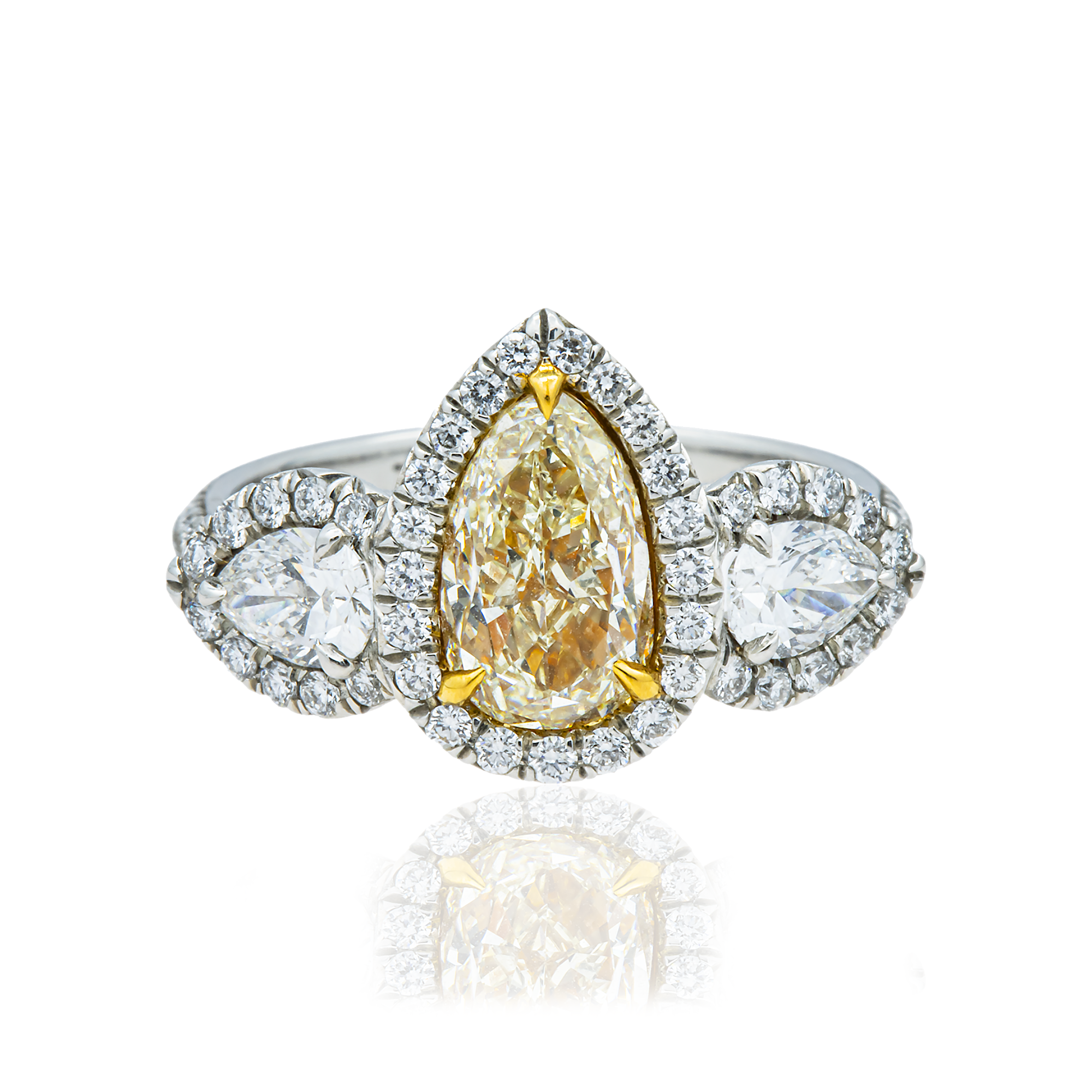 Platinum Triple Pear Canary Yellow & White Diamond Ring 3.19ctw