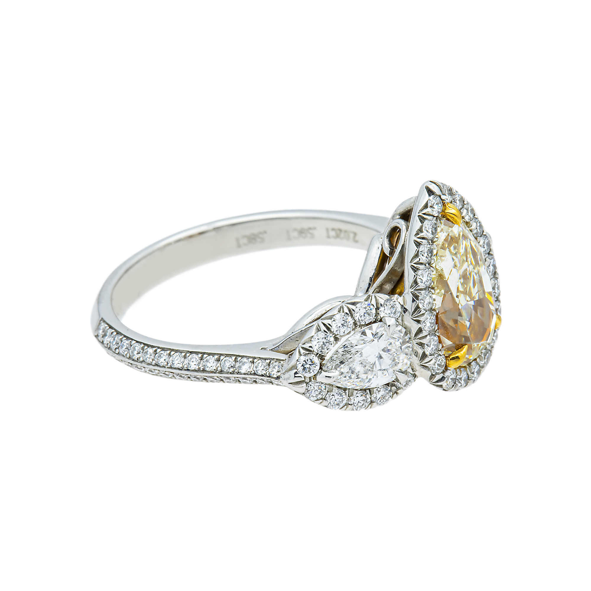 Platinum Triple Pear Canary Yellow & White Diamond Ring 3.19ctw