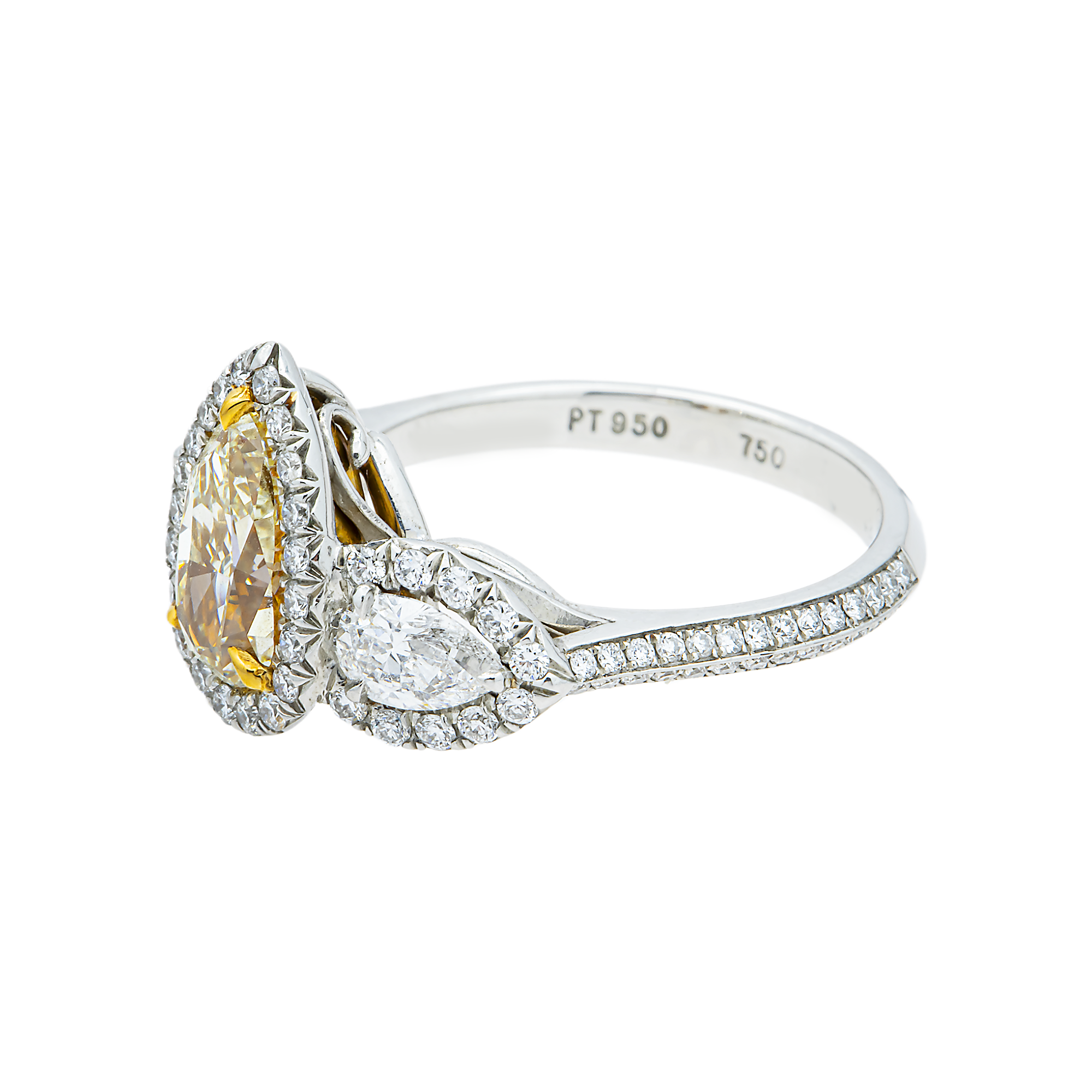 Platinum Triple Pear Canary Yellow & White Diamond Ring 3.19ctw