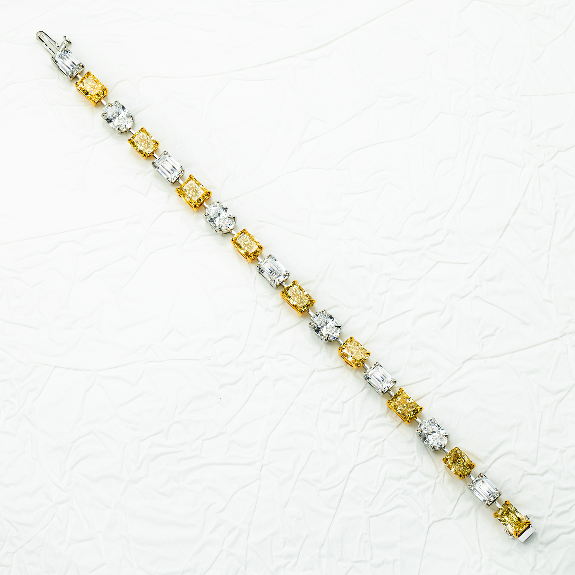 IGI 14K Two Tone Oval Emerald & Radiant Fancy Yellow & White Diamond Bracelet 18.83ct