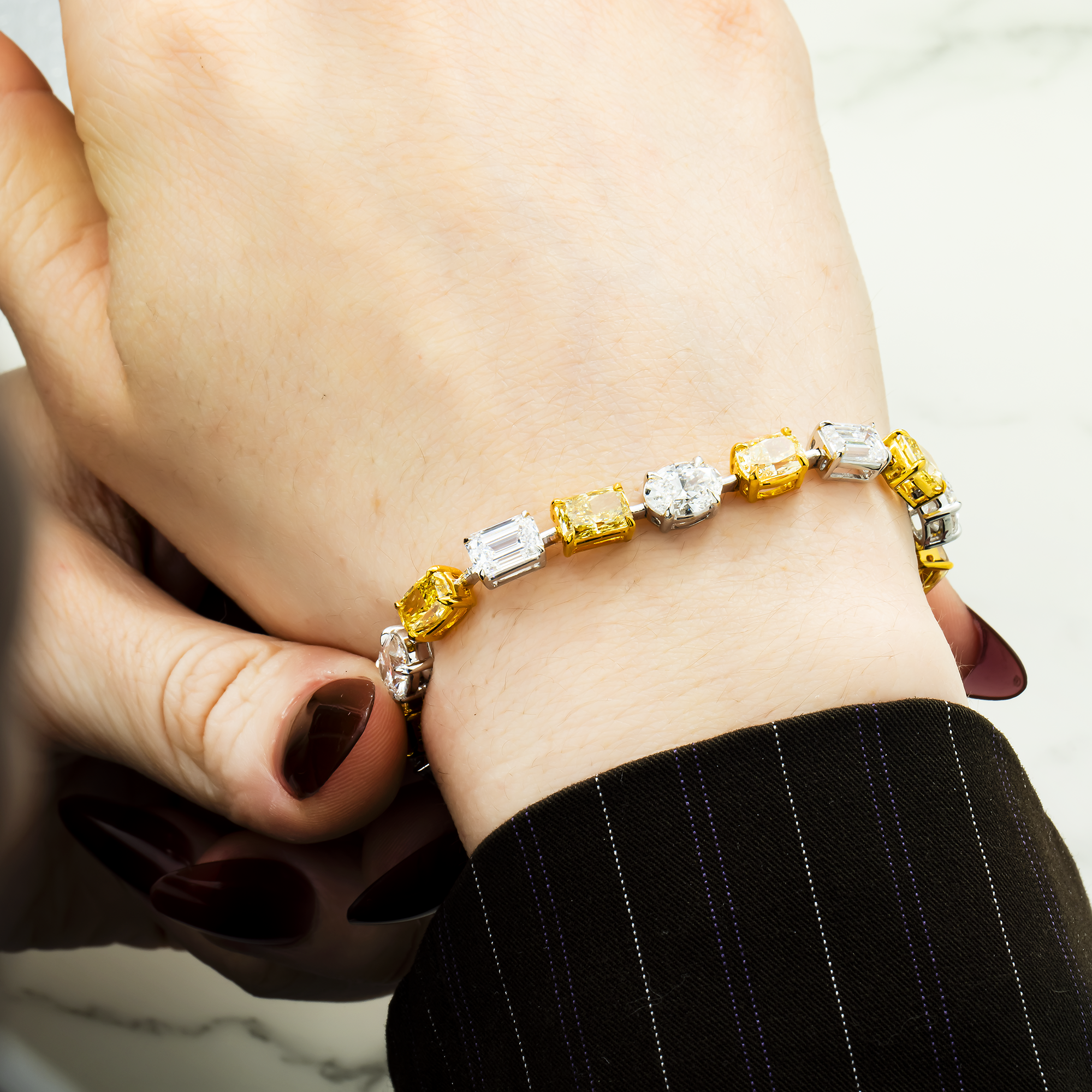 IGI 14K Two Tone Oval Emerald & Radiant Fancy Yellow & White Diamond Bracelet 18.83ct