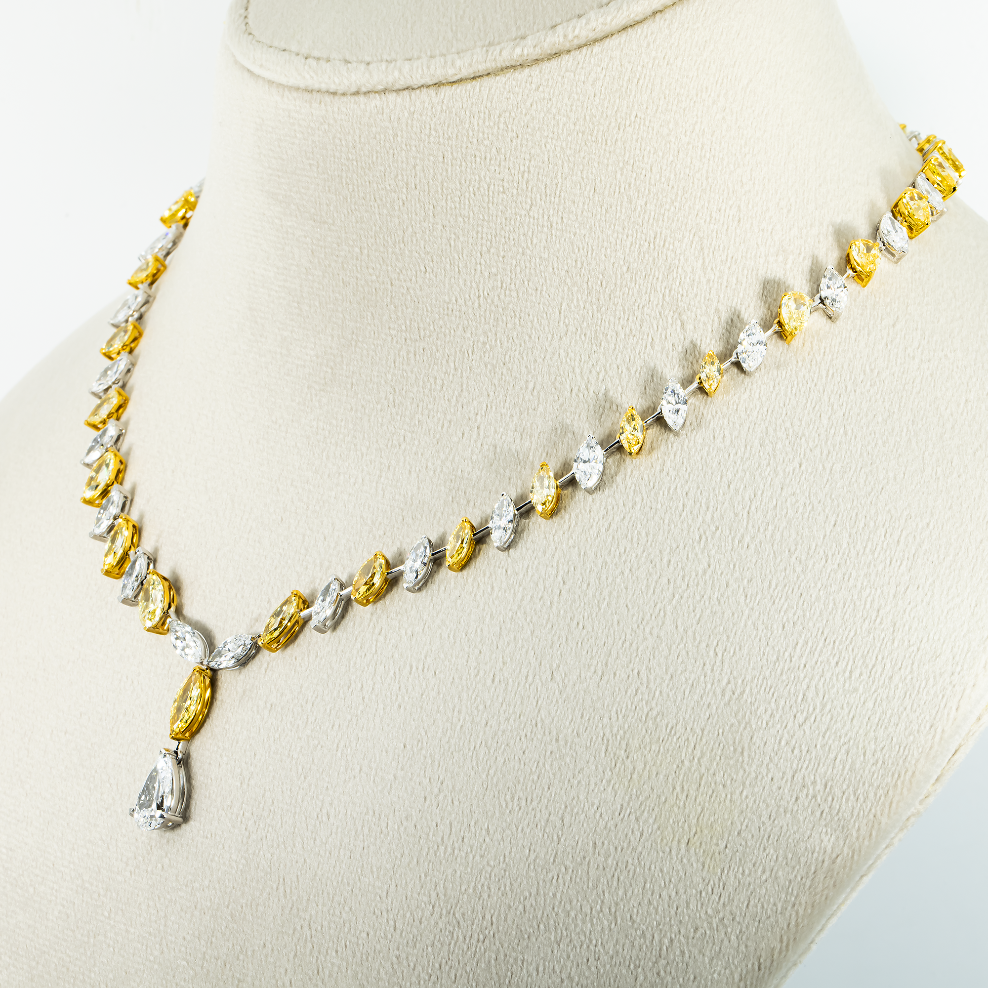 14K Two Tone Multi Cut Fancy Yellow & White Diamond Drop Necklace 27.82ct