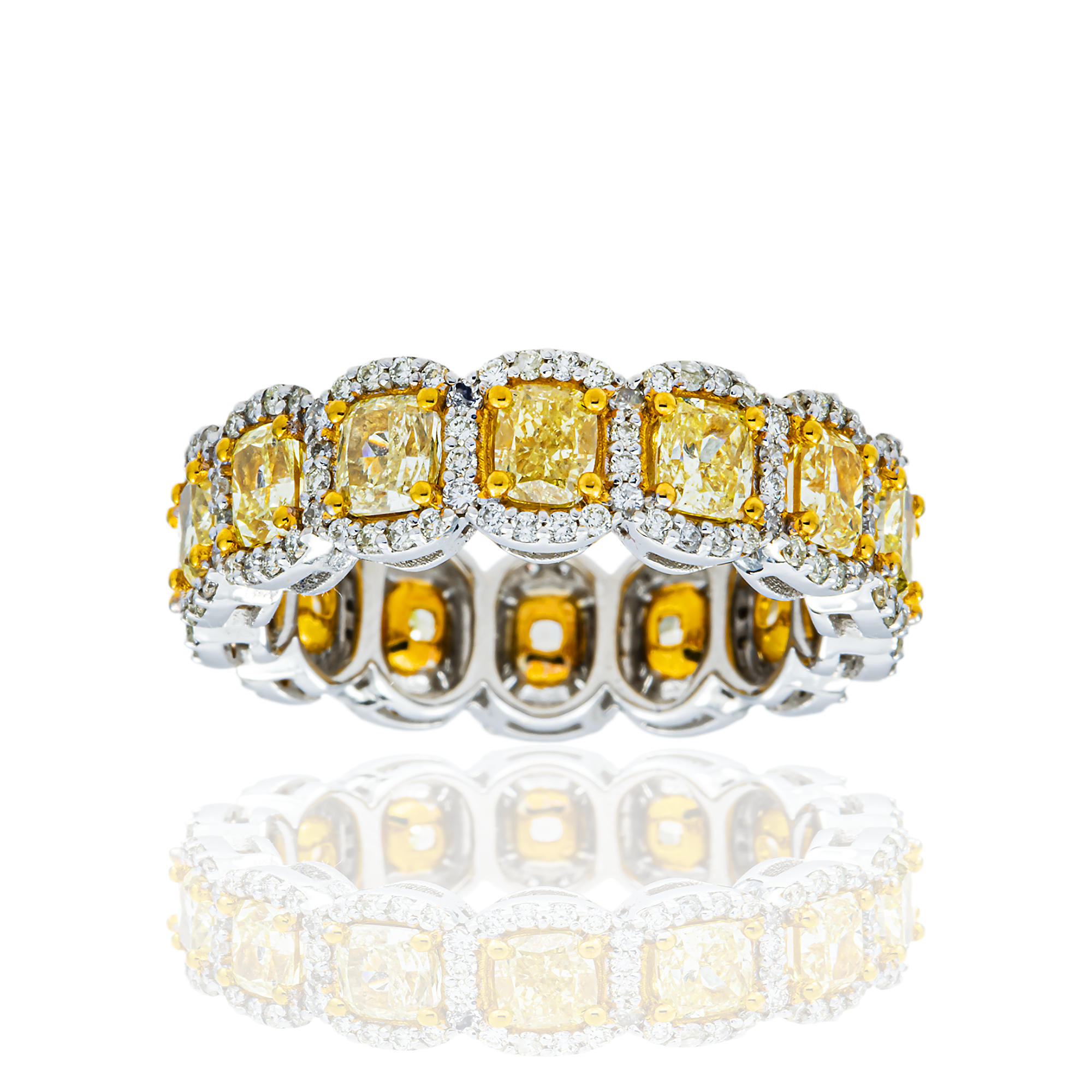 14K Two Tone  Fancy Light Yellow Cushion Diamond Eternity Ring 4.58ct (size 6.75)