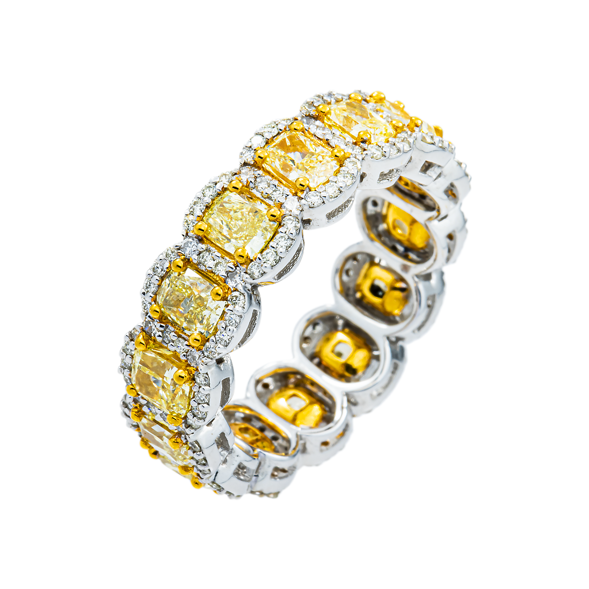 14K Two Tone  Fancy Light Yellow Cushion Diamond Eternity Ring 4.58ct (size 6.75)
