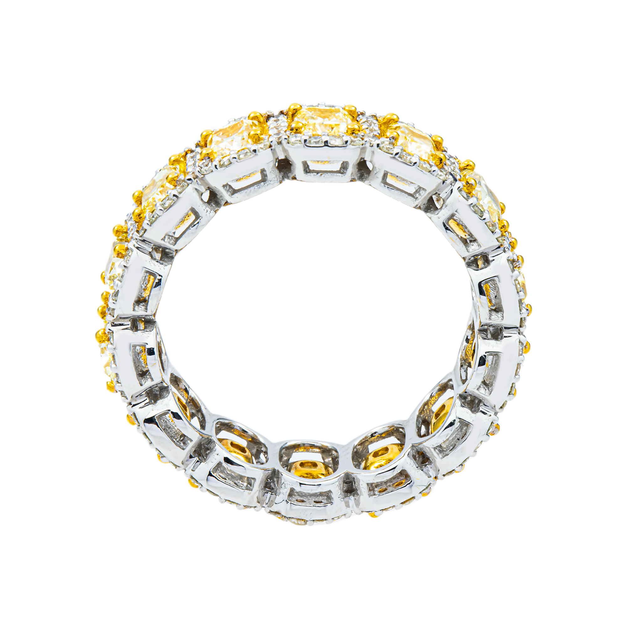 14K Two Tone  Fancy Light Yellow Cushion Diamond Eternity Ring 4.58ct (size 6.75)