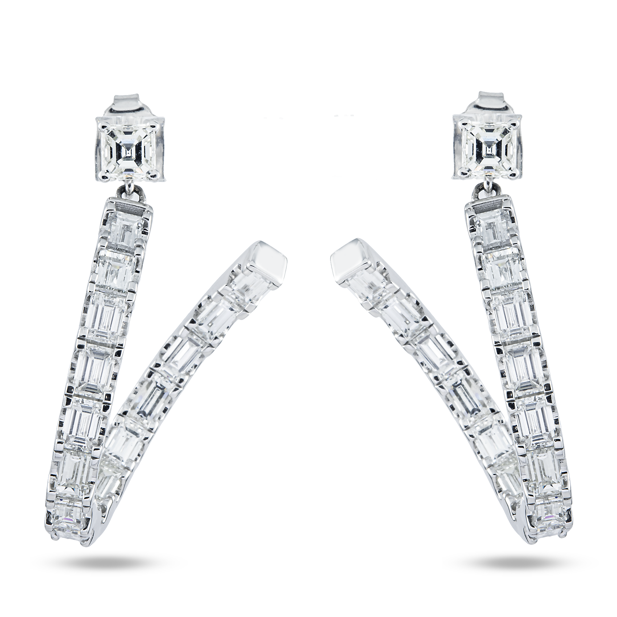 18K White Gold Emerald Cut Diamond Curved Inside Out Hoop Earrings 5.73ctw