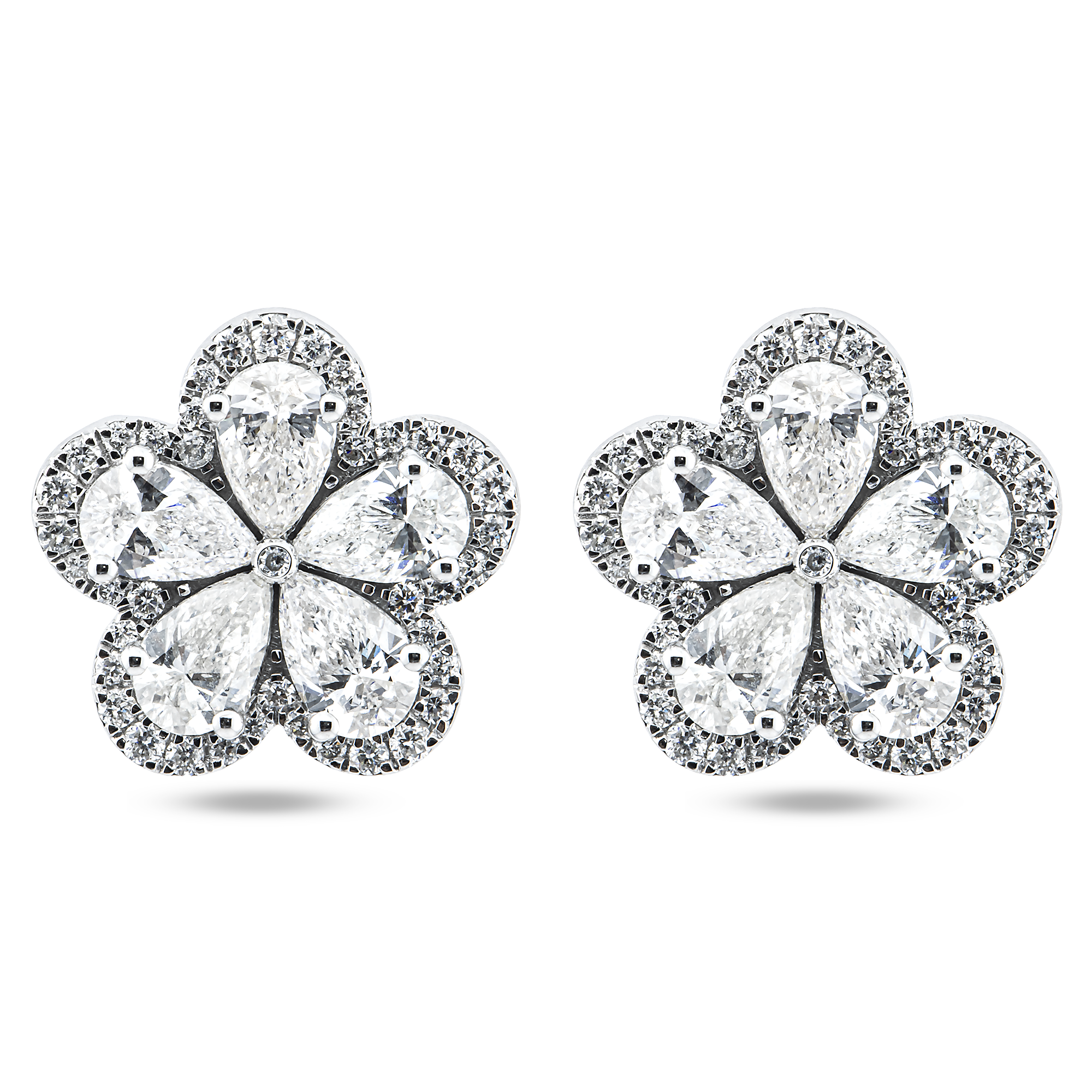 14K White Gold Pear Cut Diamond Flower Stud Earrings 2.81ctw