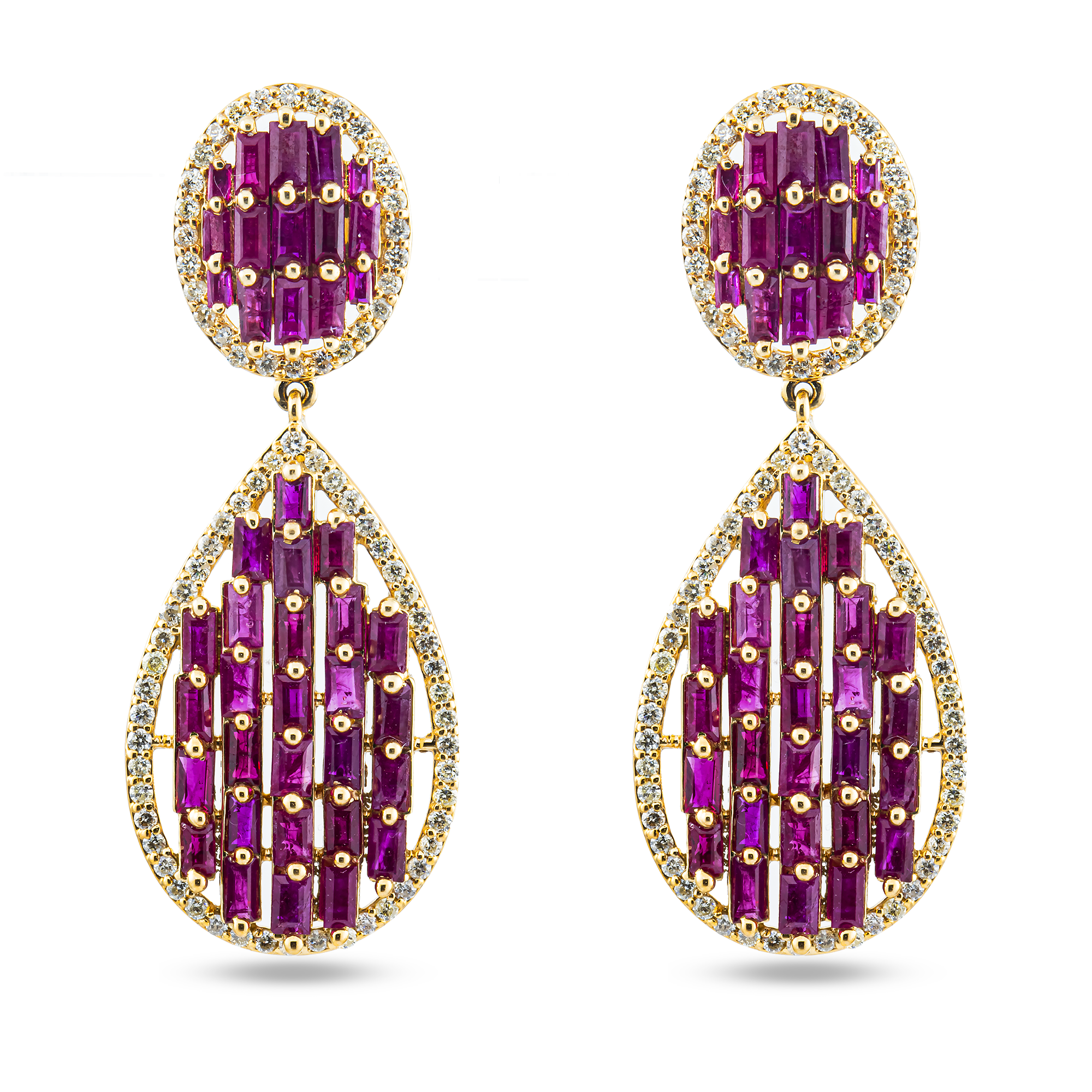 14K Yellow Gold Emerald Cut Pink Sapphire & Diamond Drop Earrings
