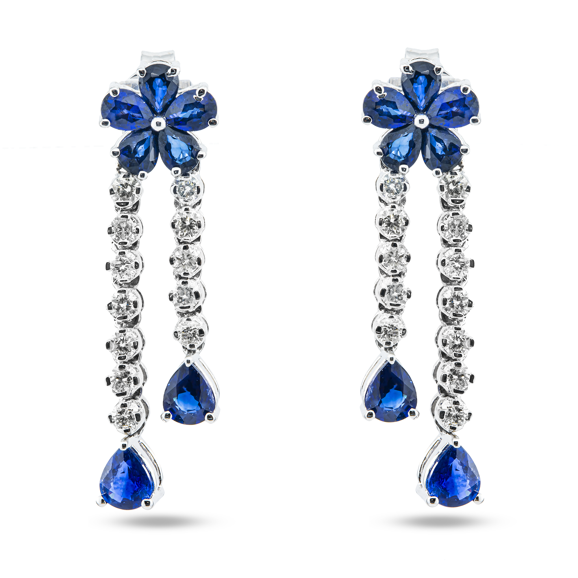 14K White Gold Sapphire & Diamond Flower Drop Earrings 4.40ctw