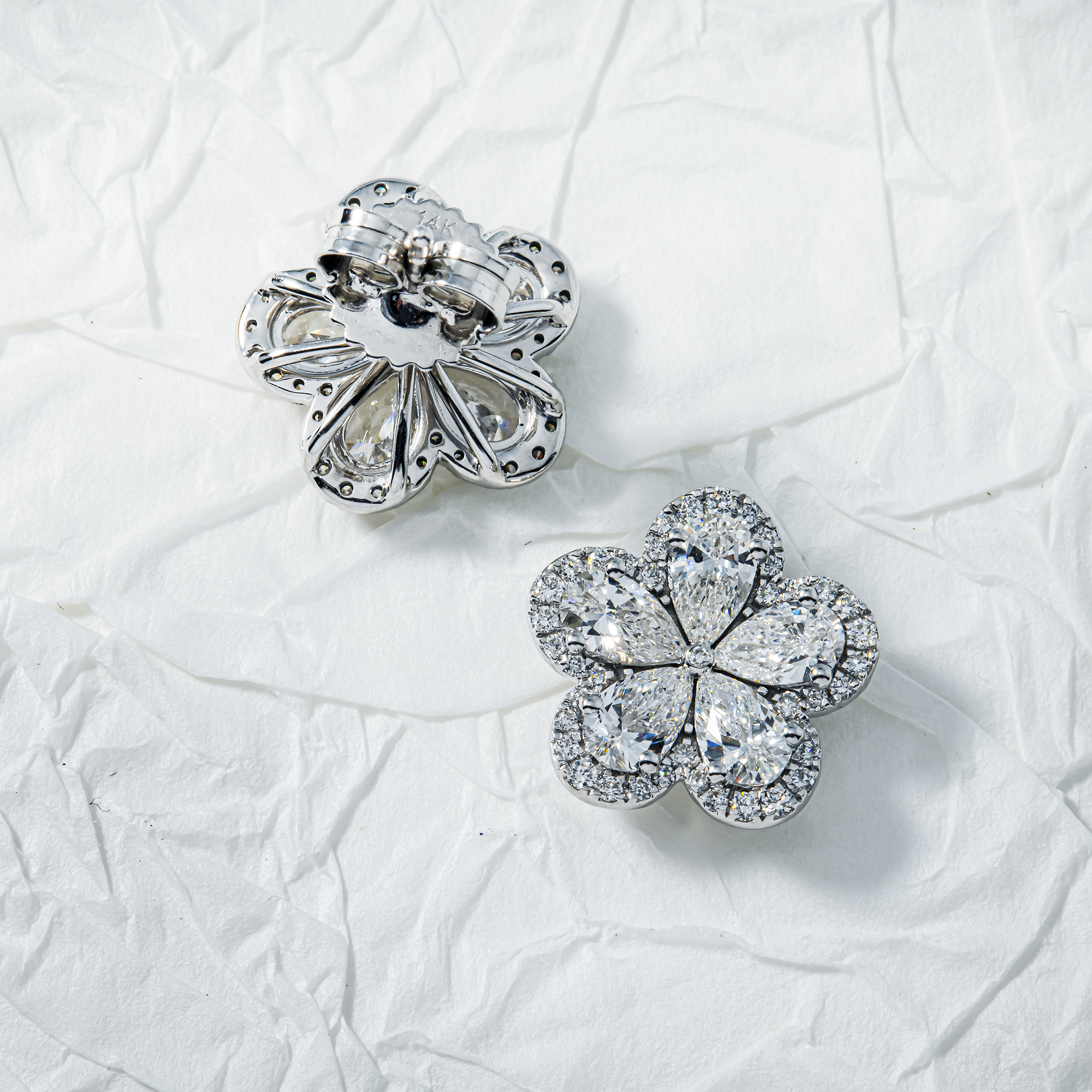 14K White Gold Pear Cut Diamond Flower Stud Earrings 2.81ctw