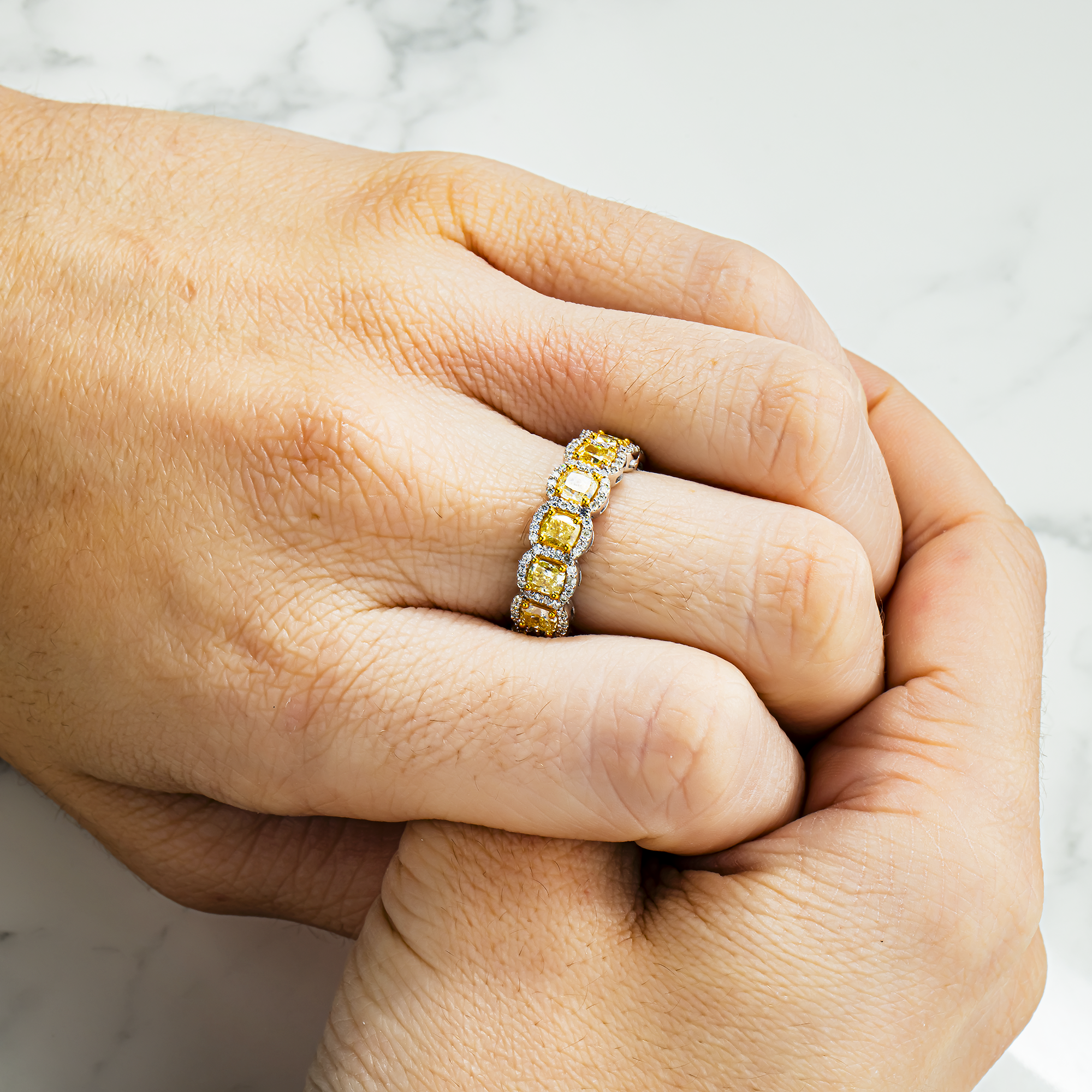 14K Two Tone  Fancy Light Yellow Cushion Diamond Eternity Ring 4.58ct (size 6.75)