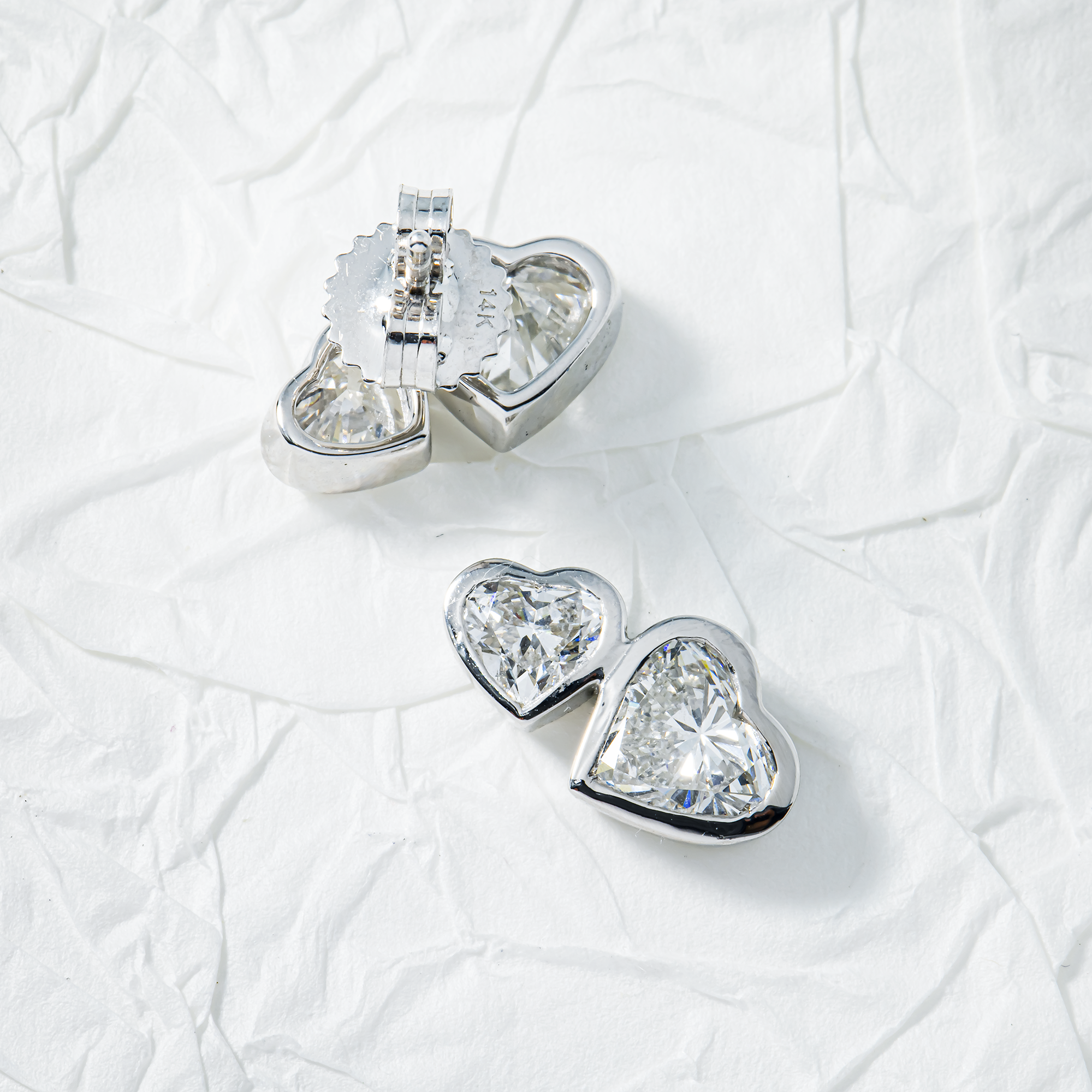 14K White Gold Toi et Moi Double Heart Cut Diamond Stud Earrings 3.17ctw