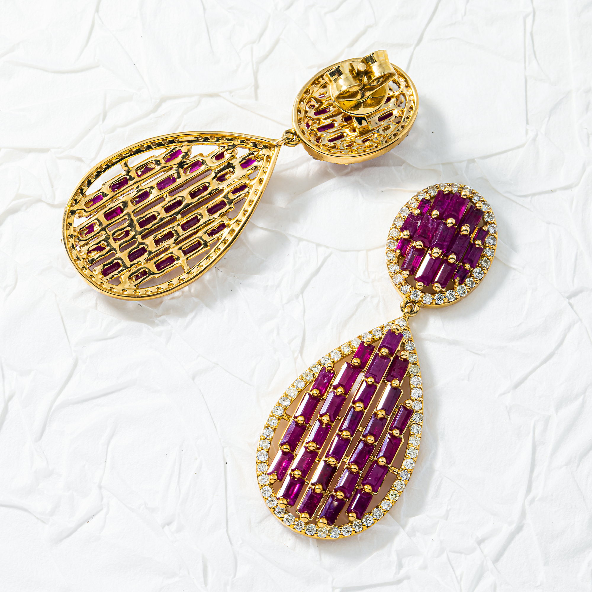14K Yellow Gold Emerald Cut Pink Sapphire & Diamond Drop Earrings