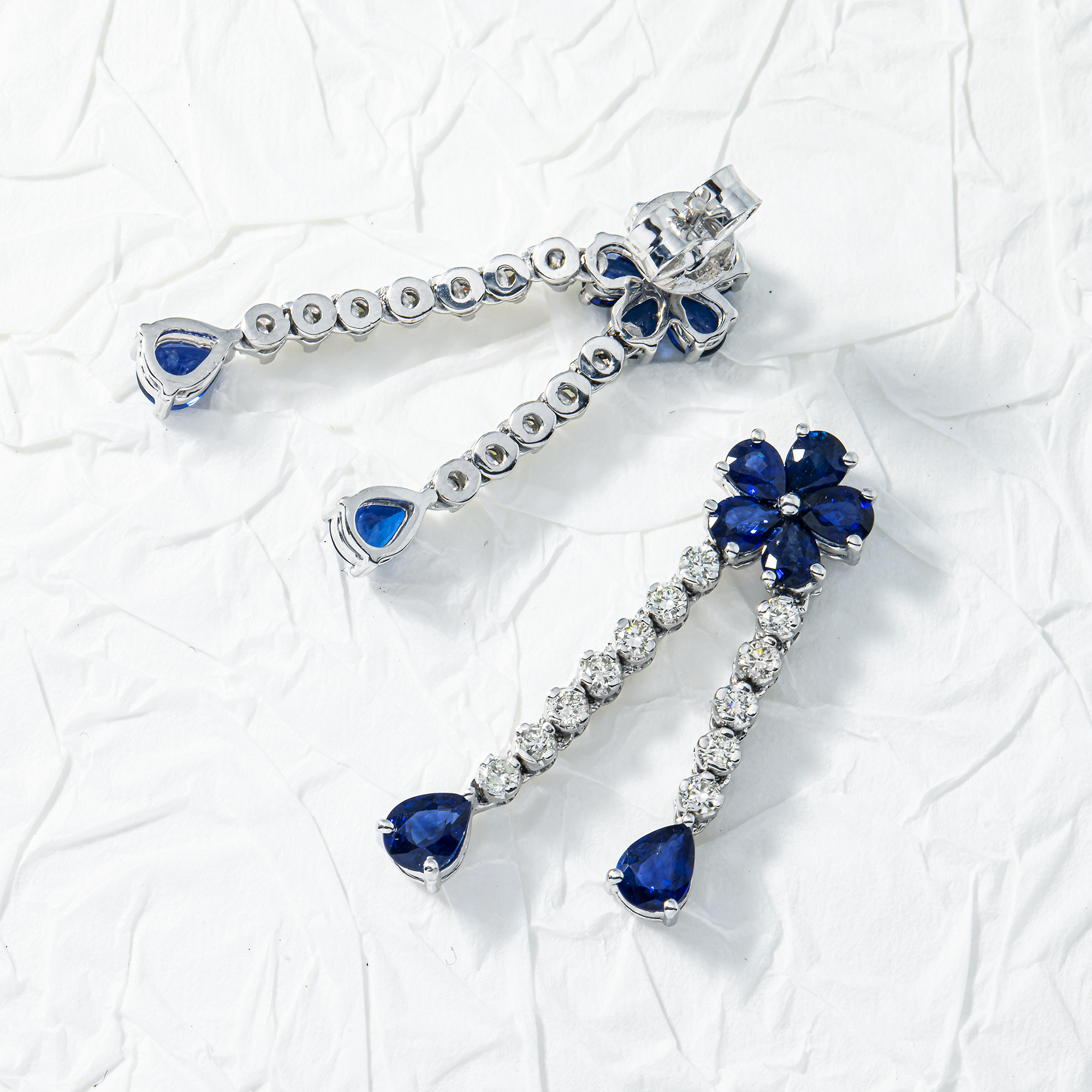14K White Gold Sapphire & Diamond Flower Drop Earrings 4.40ctw