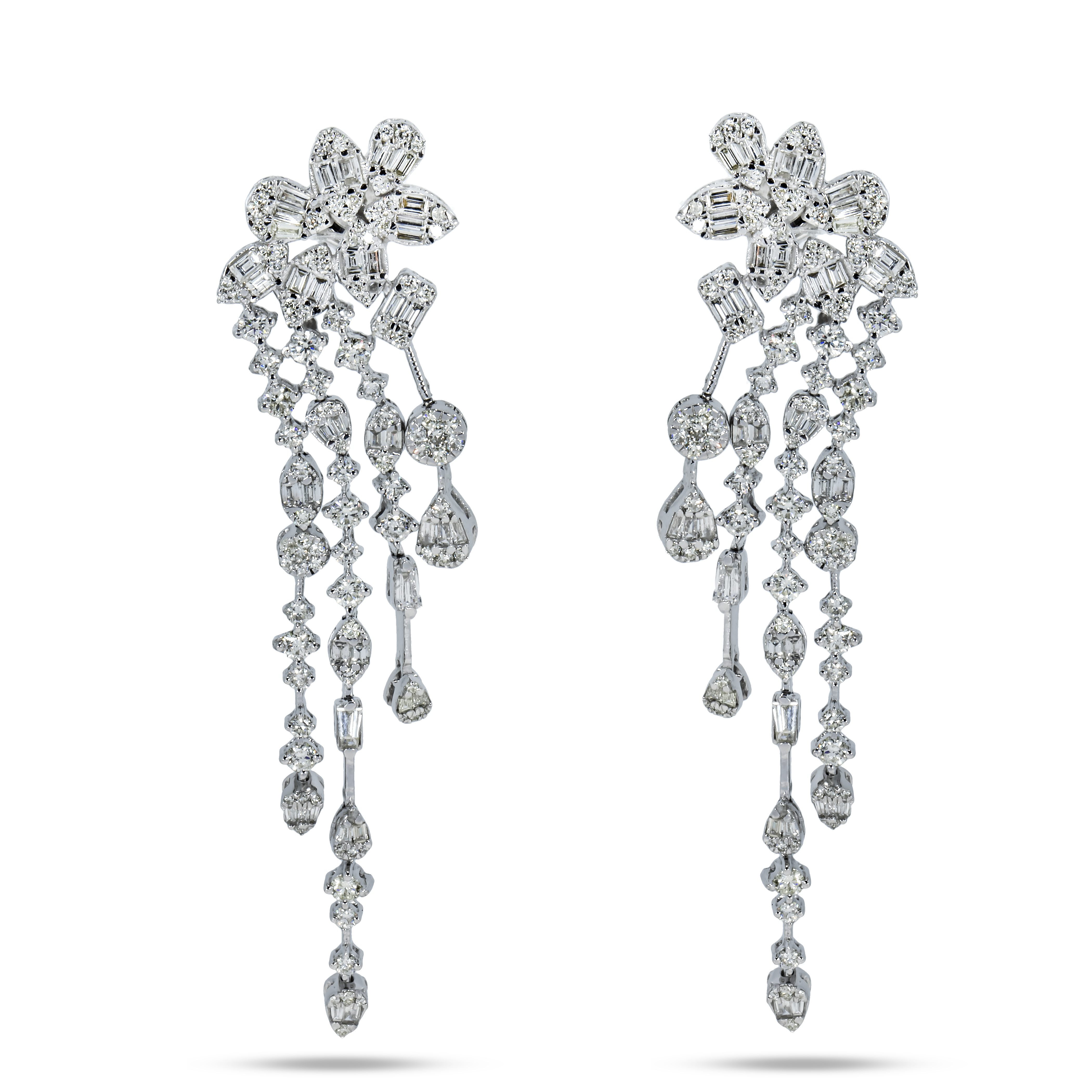 14K White Gold Falling Flower Chandelier Diamond Earrings 3.37Ctw