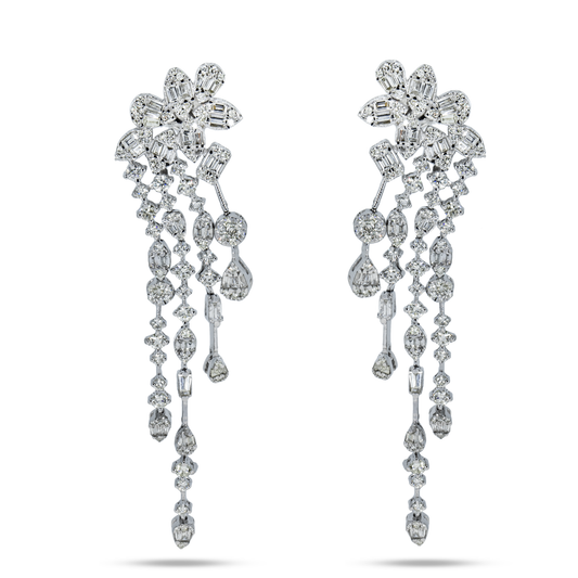 14K White Gold Falling Flower Chandelier Diamond Earrings 3.37ctw