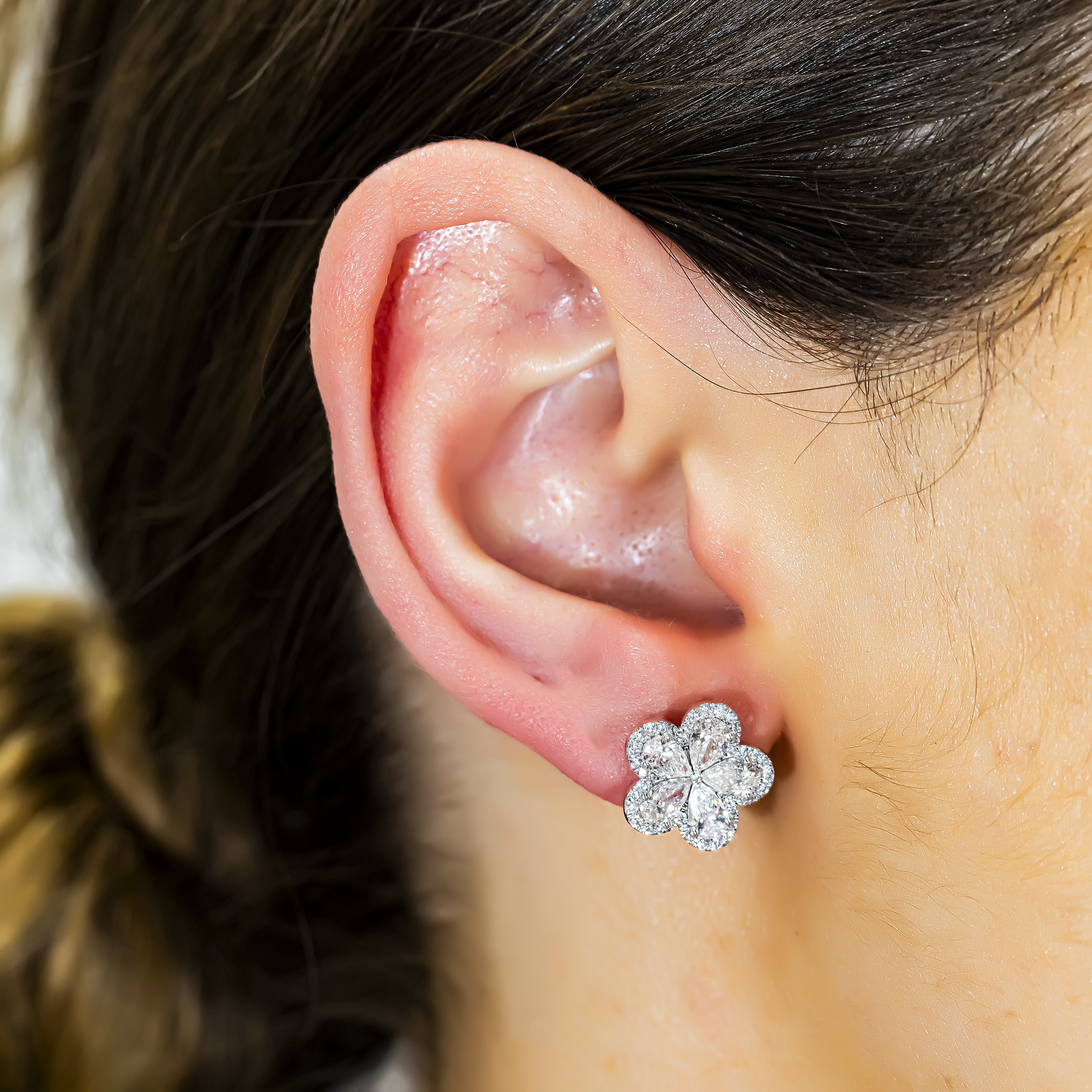 14K White Gold Pear Cut Diamond Flower Stud Earrings 2.81ctw