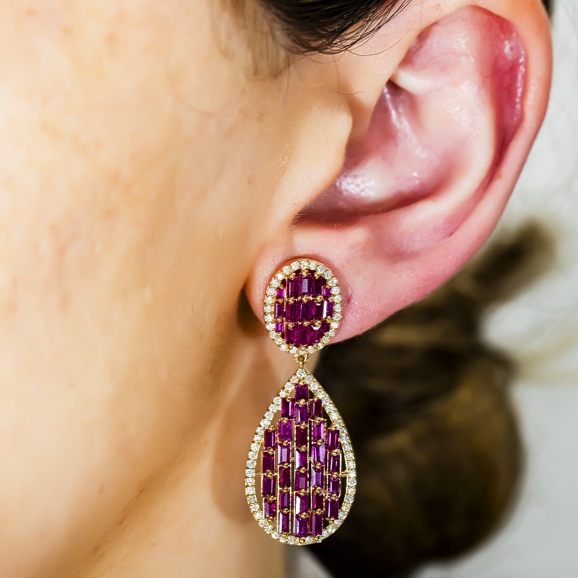 14K Yellow Gold Emerald Cut Pink Sapphire & Diamond Drop Earrings